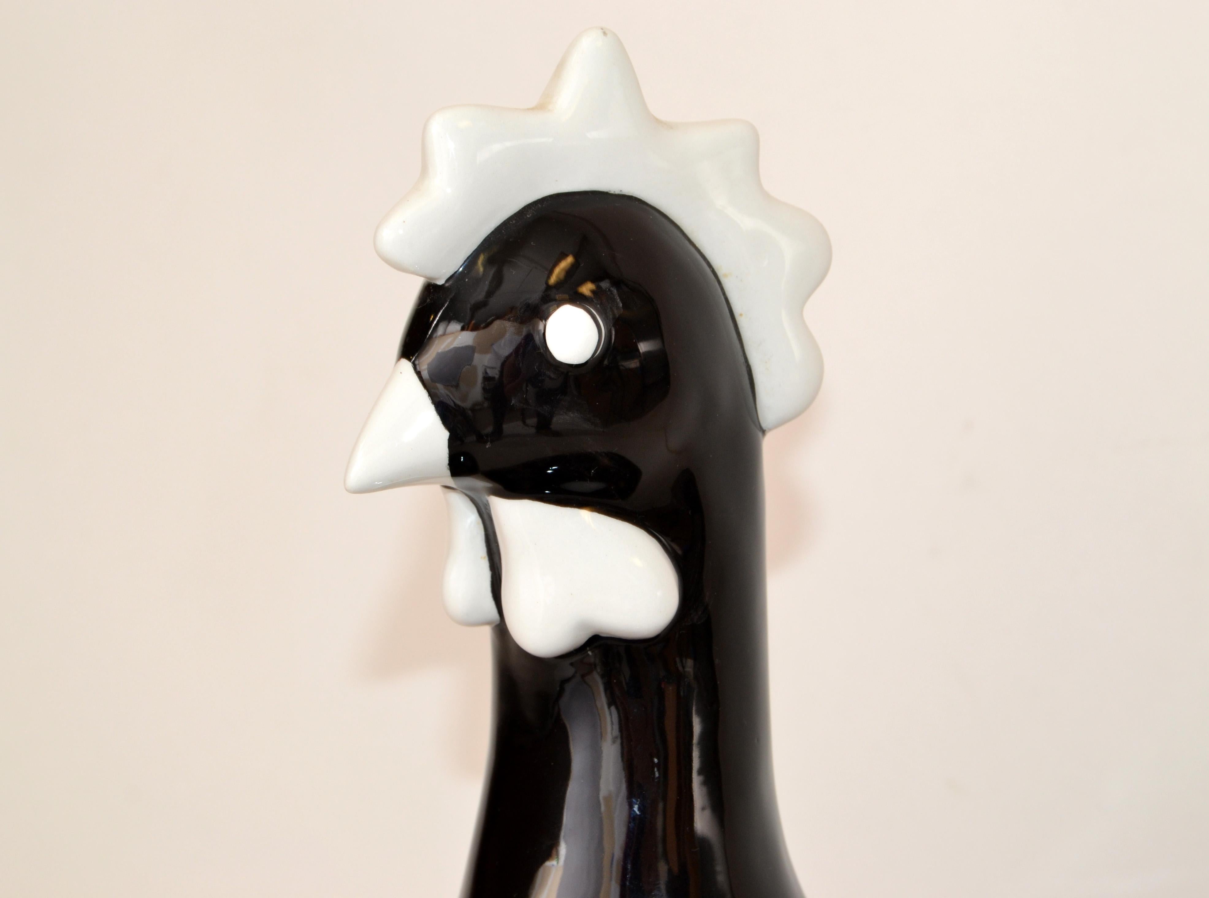 Late 20th Century Black and White Hand-Crafted Ceramic Chicken Sculpture, Animal Figurine Folk Art For Sale