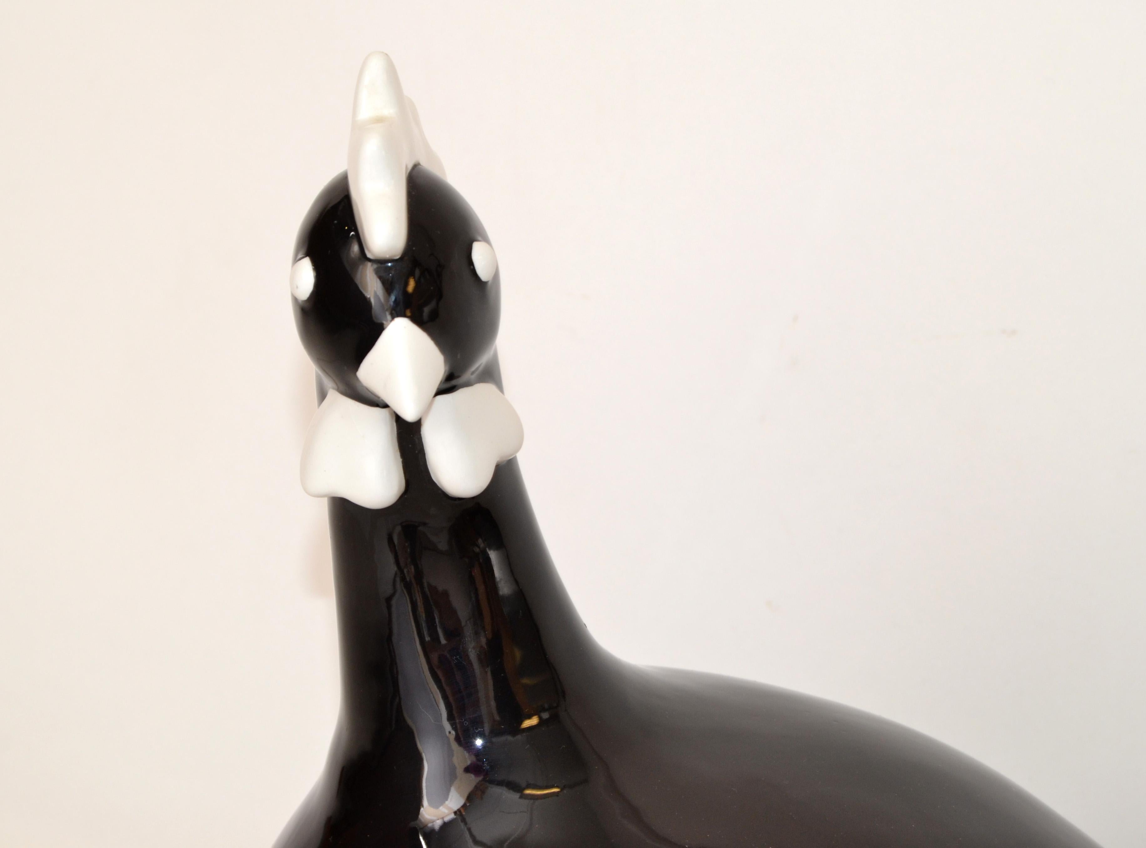 Black and White Hand-Crafted Ceramic Chicken Sculpture, Animal Figurine Folk Art For Sale 1