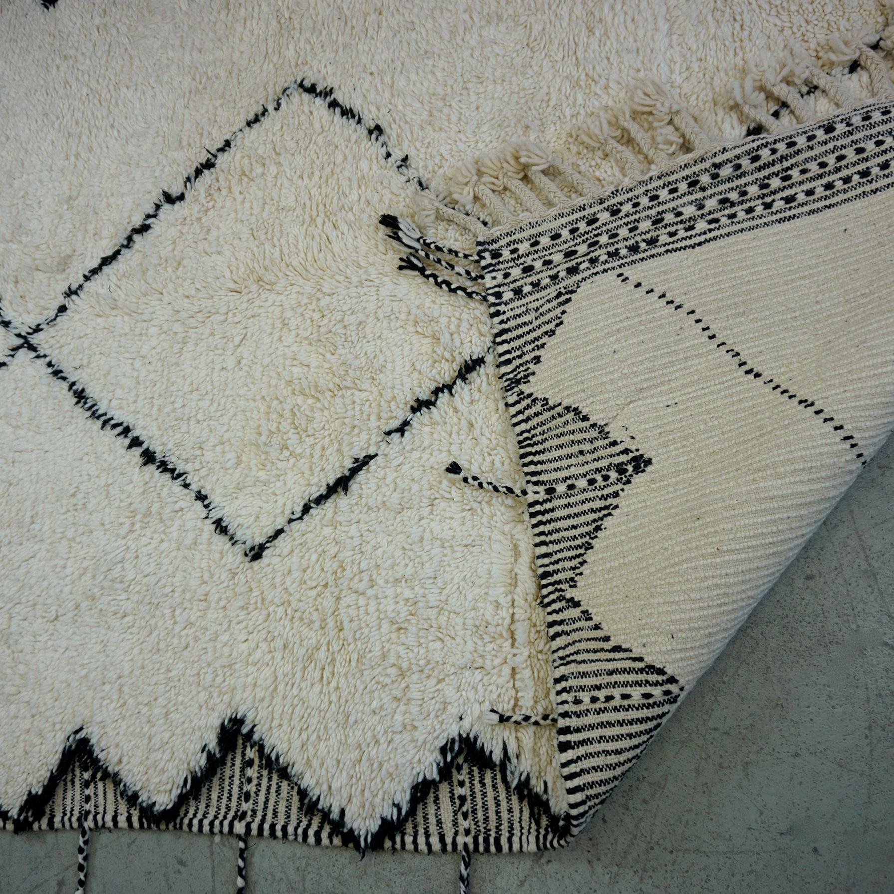 Contemporary  Black and White Handwoven and Knotted Moroccan Beni Ourain Wool Rug