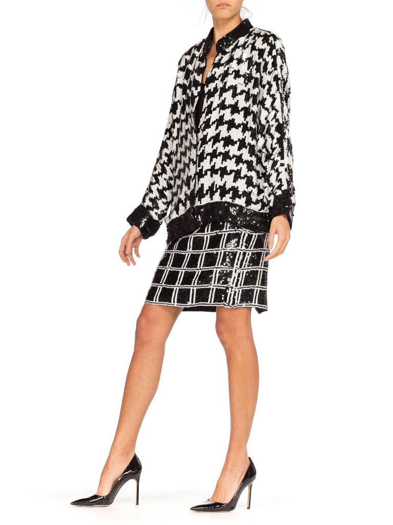 Black and White Houndstooth Sequin Bomber Jacket and Skirt at 1stDibs