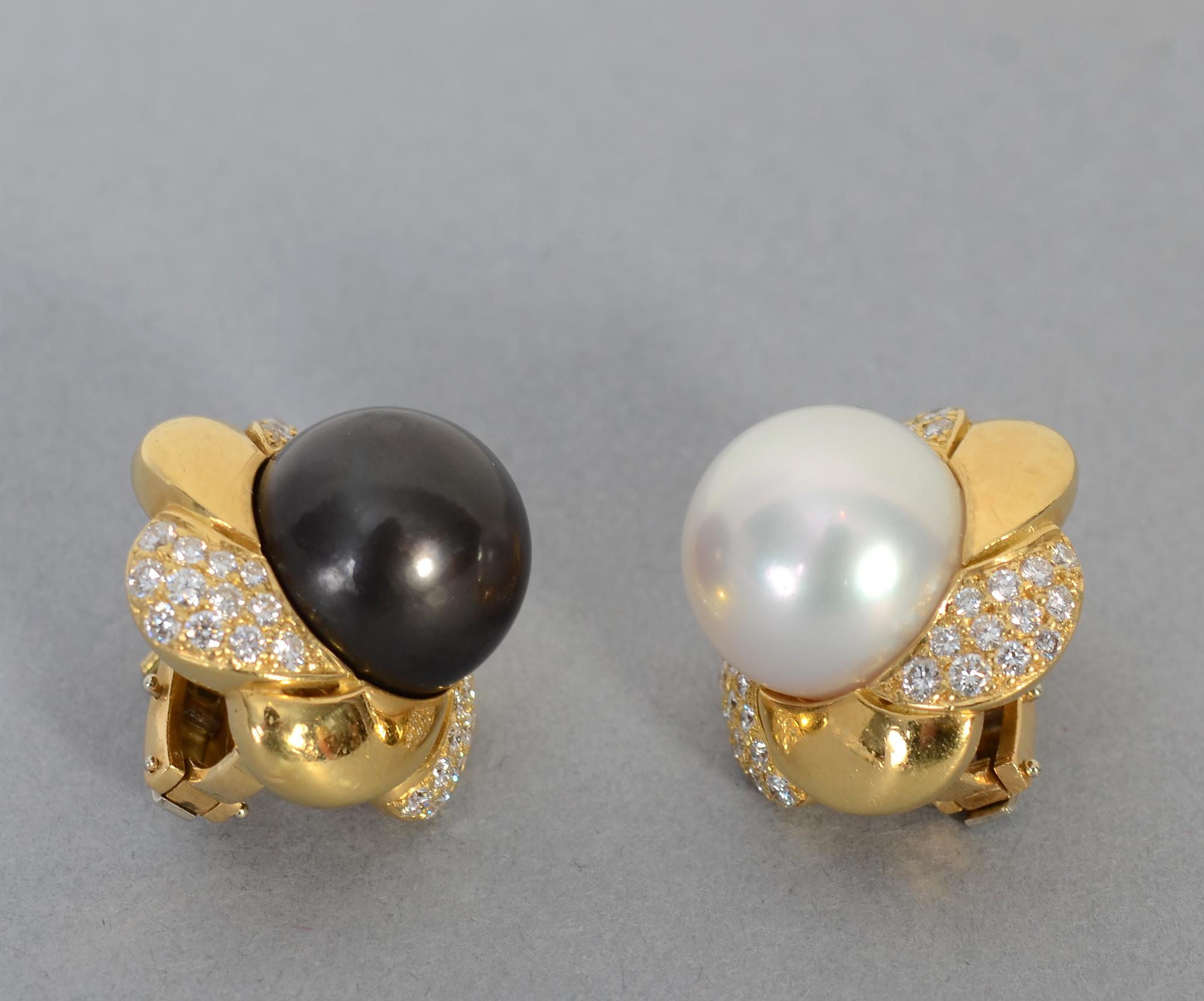 Round Cut Black and White Huge Pearl Earrings with Diamonds For Sale