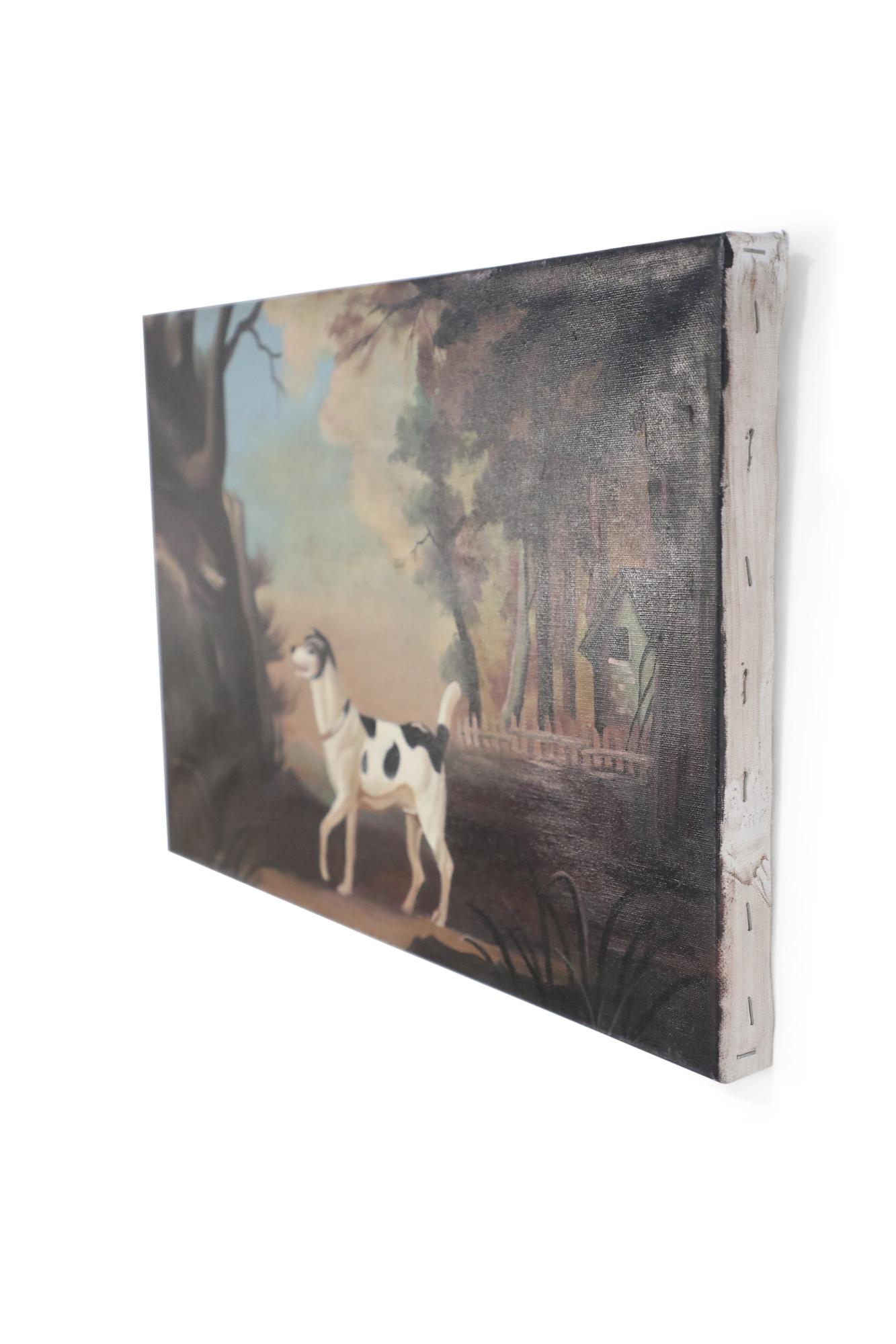 Vintage (20th century) oil painting of a black and white hunting dog cornering a badger in the woods outside of a cabin, on a rectangular, unframed canvas.
