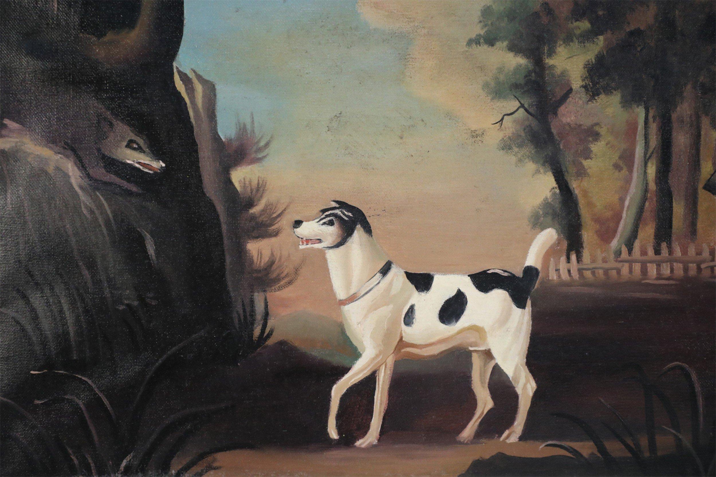 Américain Peinture à l'huile d'un chien de chasse noir et blanc en vente