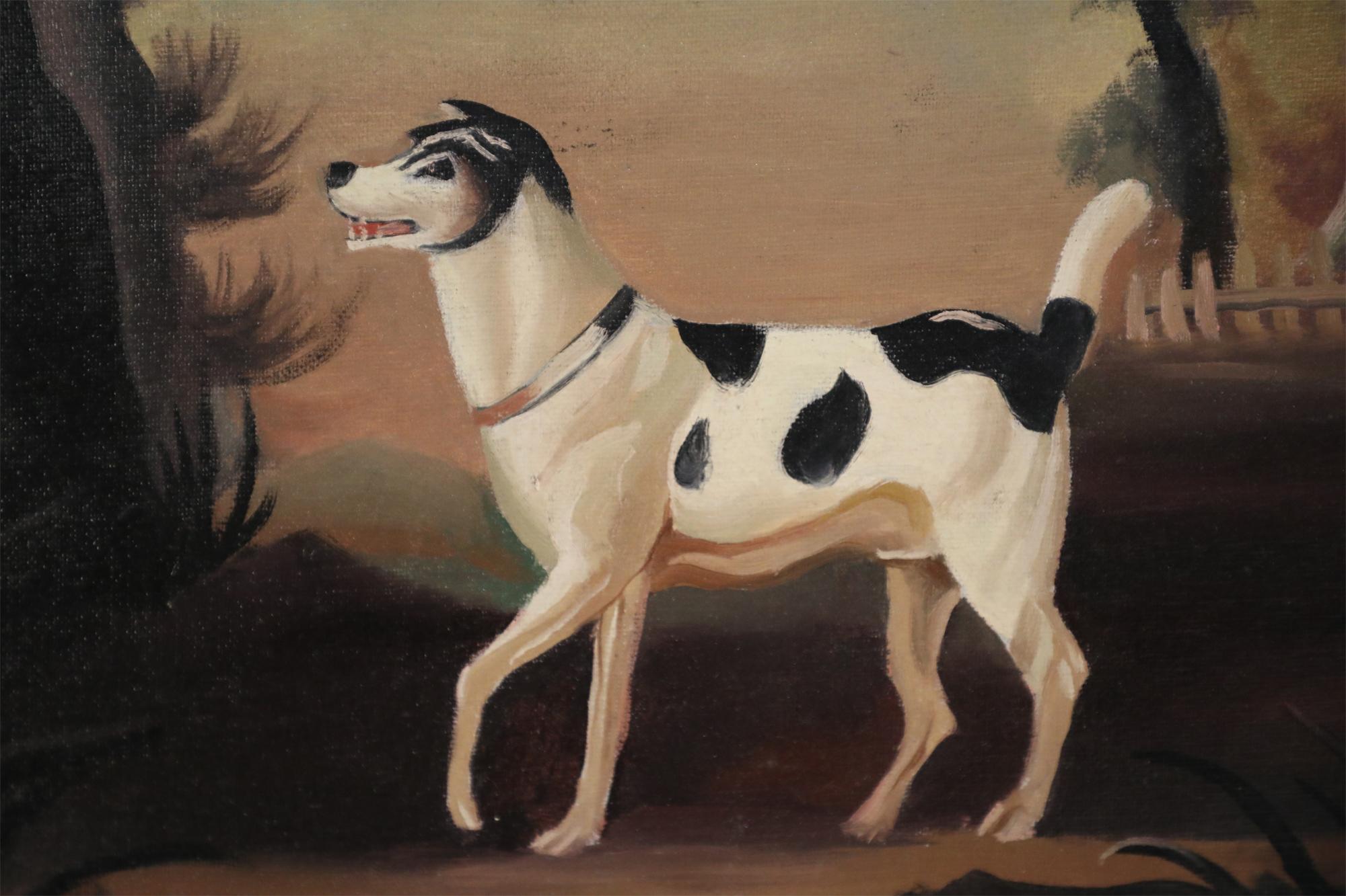 Peinture à l'huile d'un chien de chasse noir et blanc Bon état - En vente à New York, NY