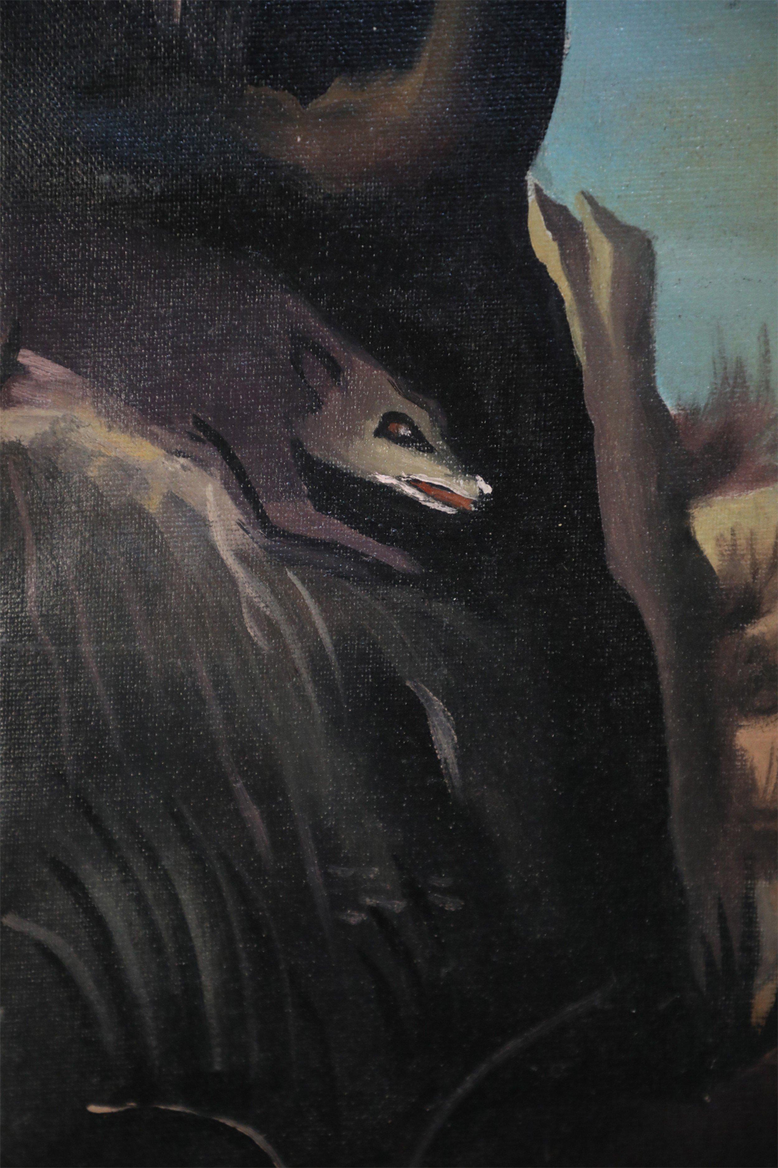 20ième siècle Peinture à l'huile d'un chien de chasse noir et blanc en vente