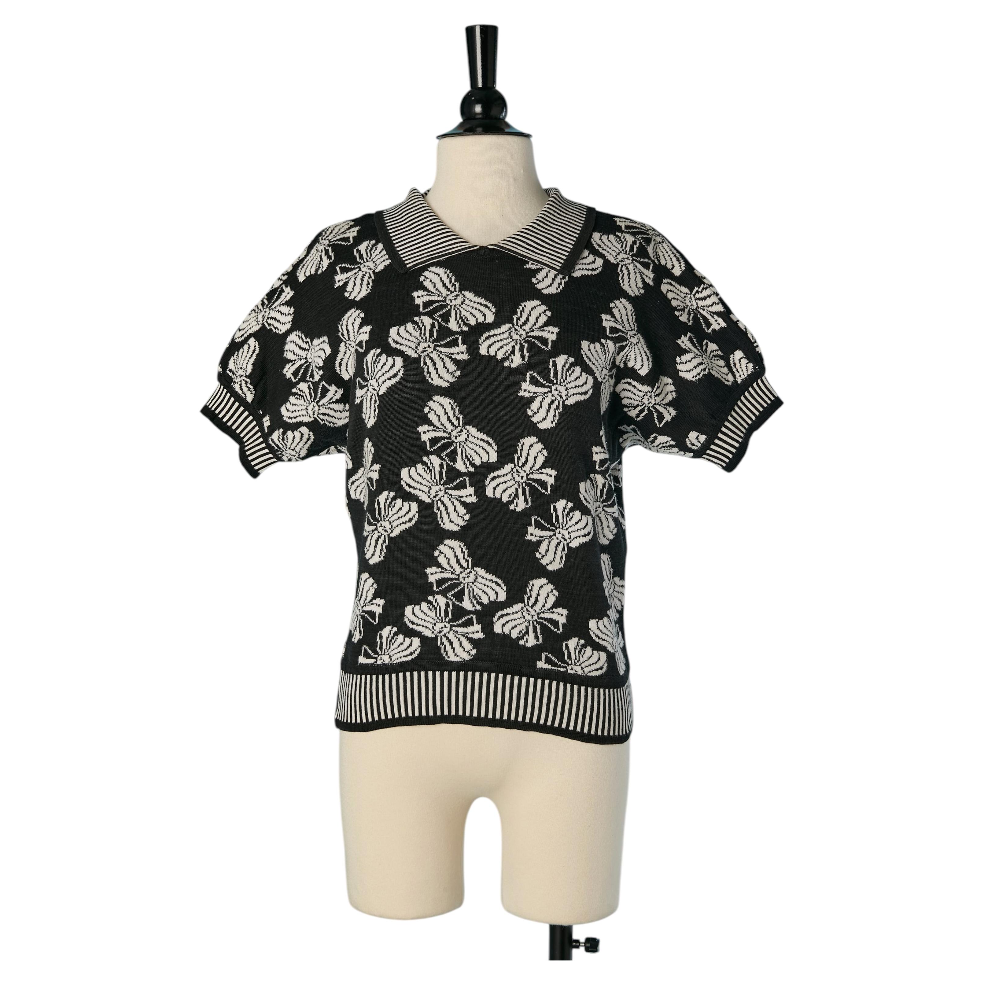 Schwarz-weißer Jacquard-Strickpullover mit kurzen Ärmeln SAINT LAURENT RIVE GAUCHE im Angebot