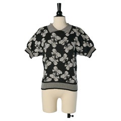 Black and white jacquard knit short sleeve sweater SAINT LAURENT RIVE GAUCHE