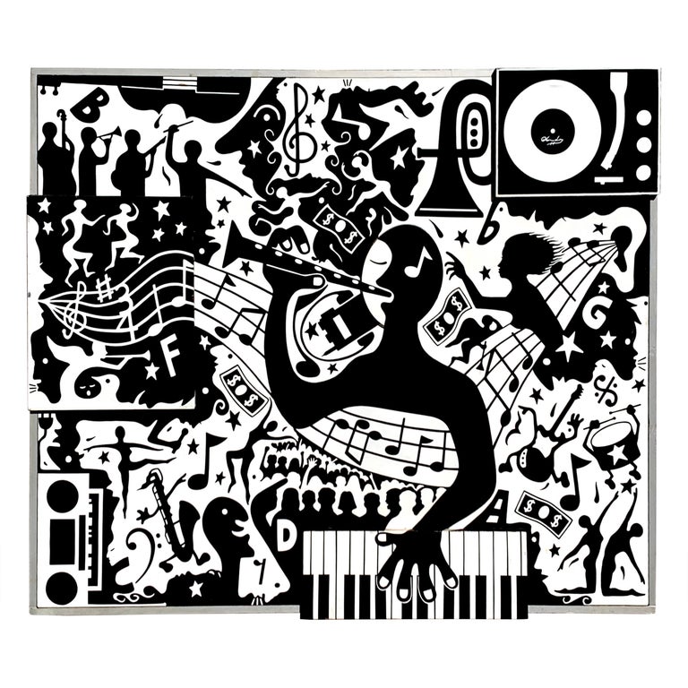 Black and White Jazz Age Mixed-Media Painting, "The Musicians Dream