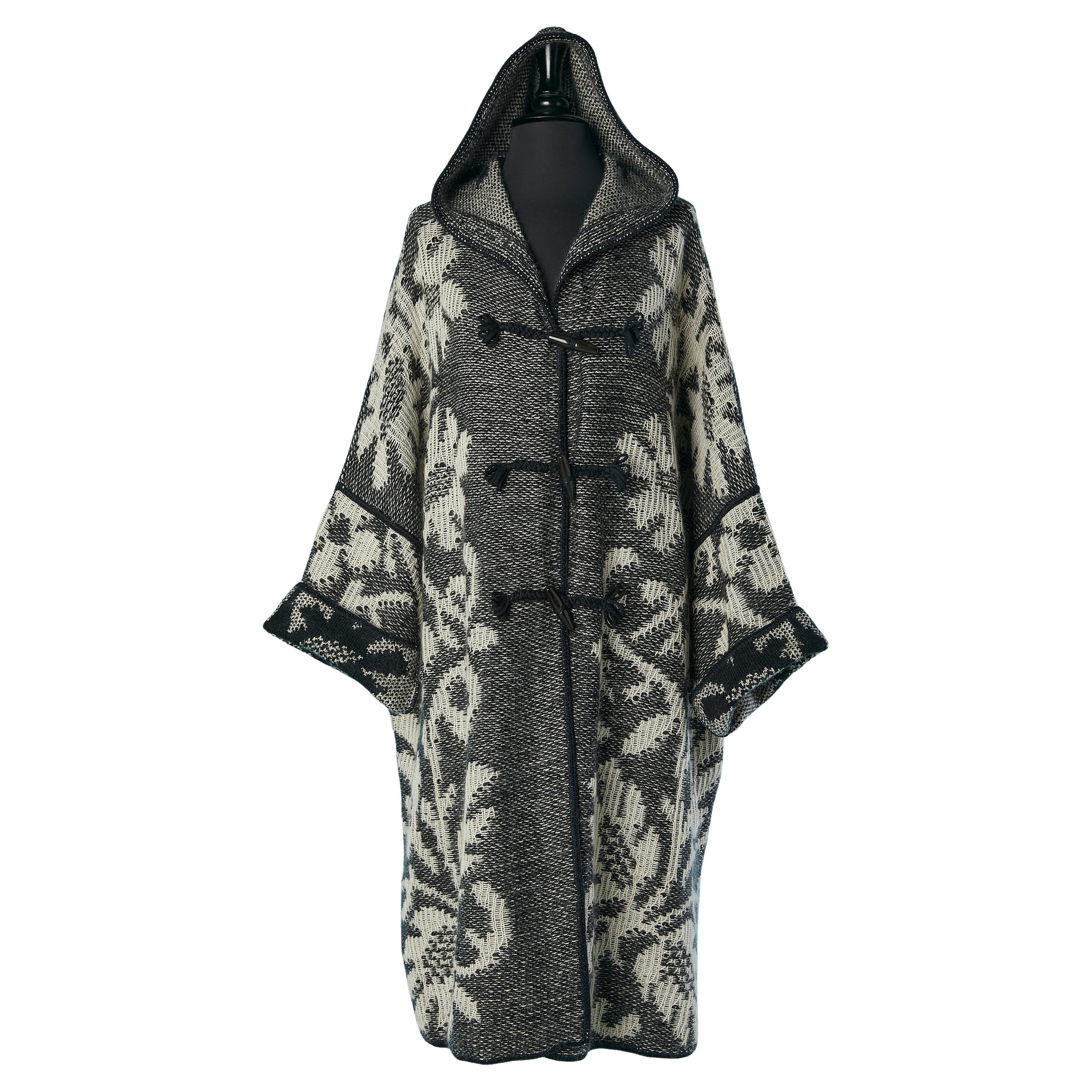 Black and white knit jacquard duffle-coat with hood MISSONI For Sale