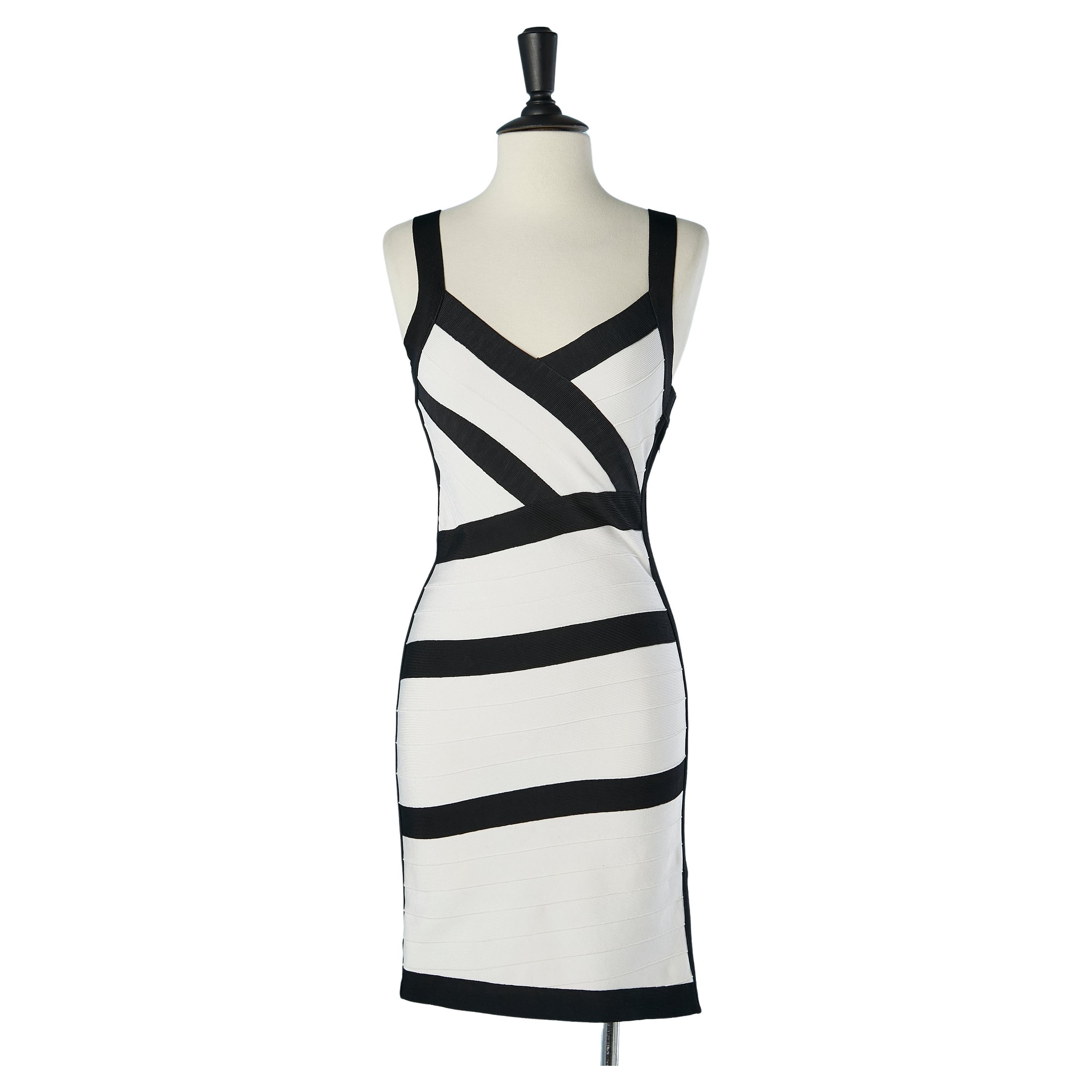 Black and white knit rayon cocktail dress Hervé Léger  For Sale