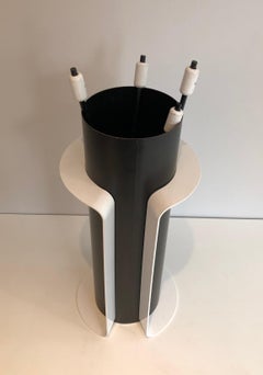 Black and White Lacquered Design Fire Place Tools on Stand, French, Circa 1980