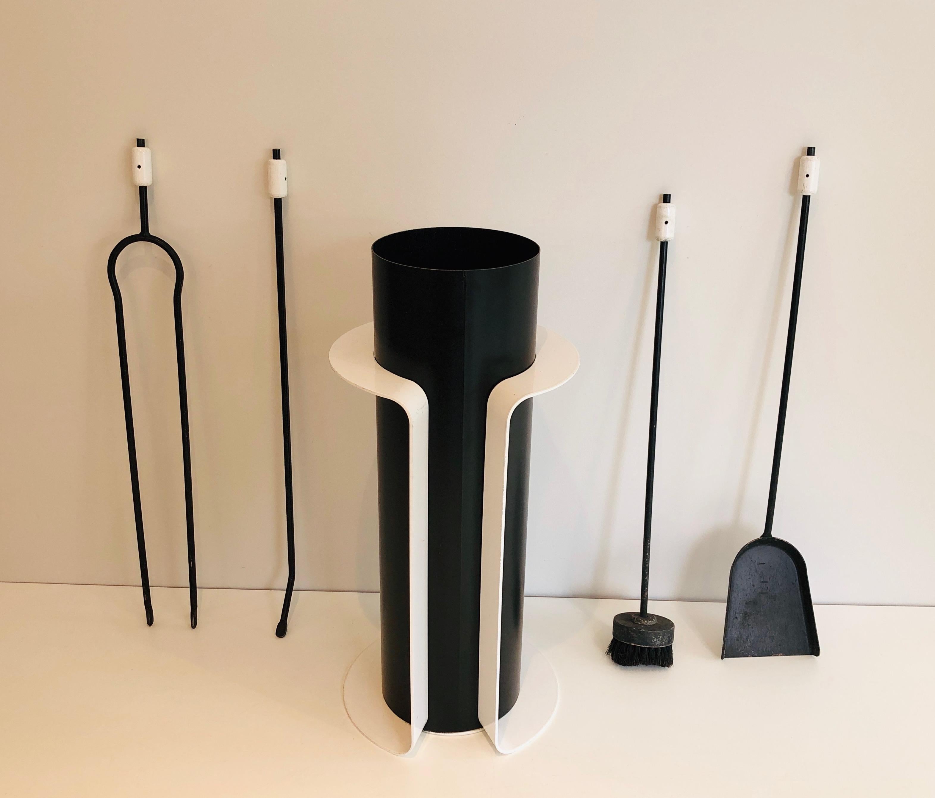 Metal Black and White Lacquered Design Fire Place Tools on Stand, French, Circa 1980 For Sale