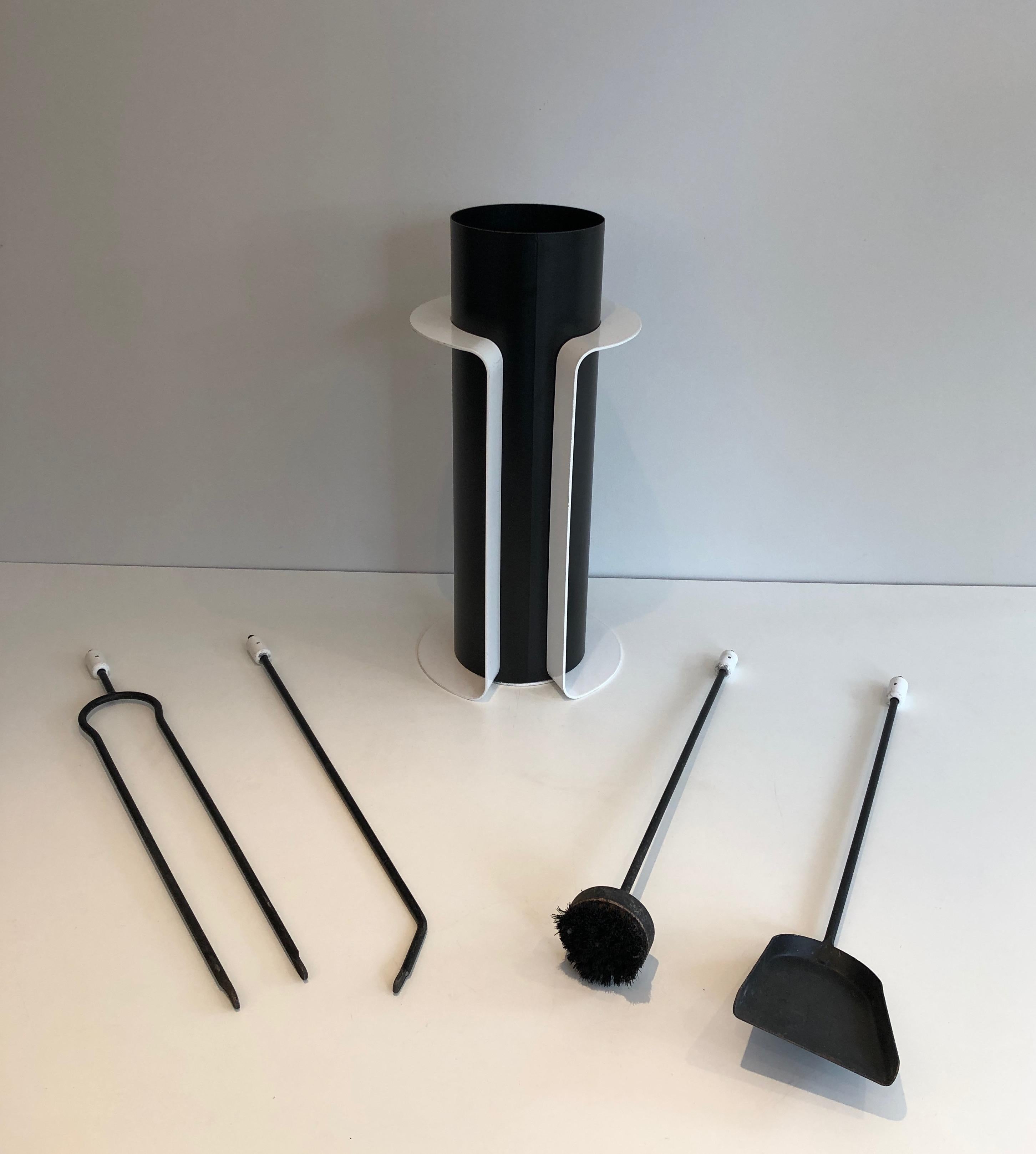 Black and White Lacquered Design Fire Place Tools on Stand, French, Circa 1980 For Sale 1