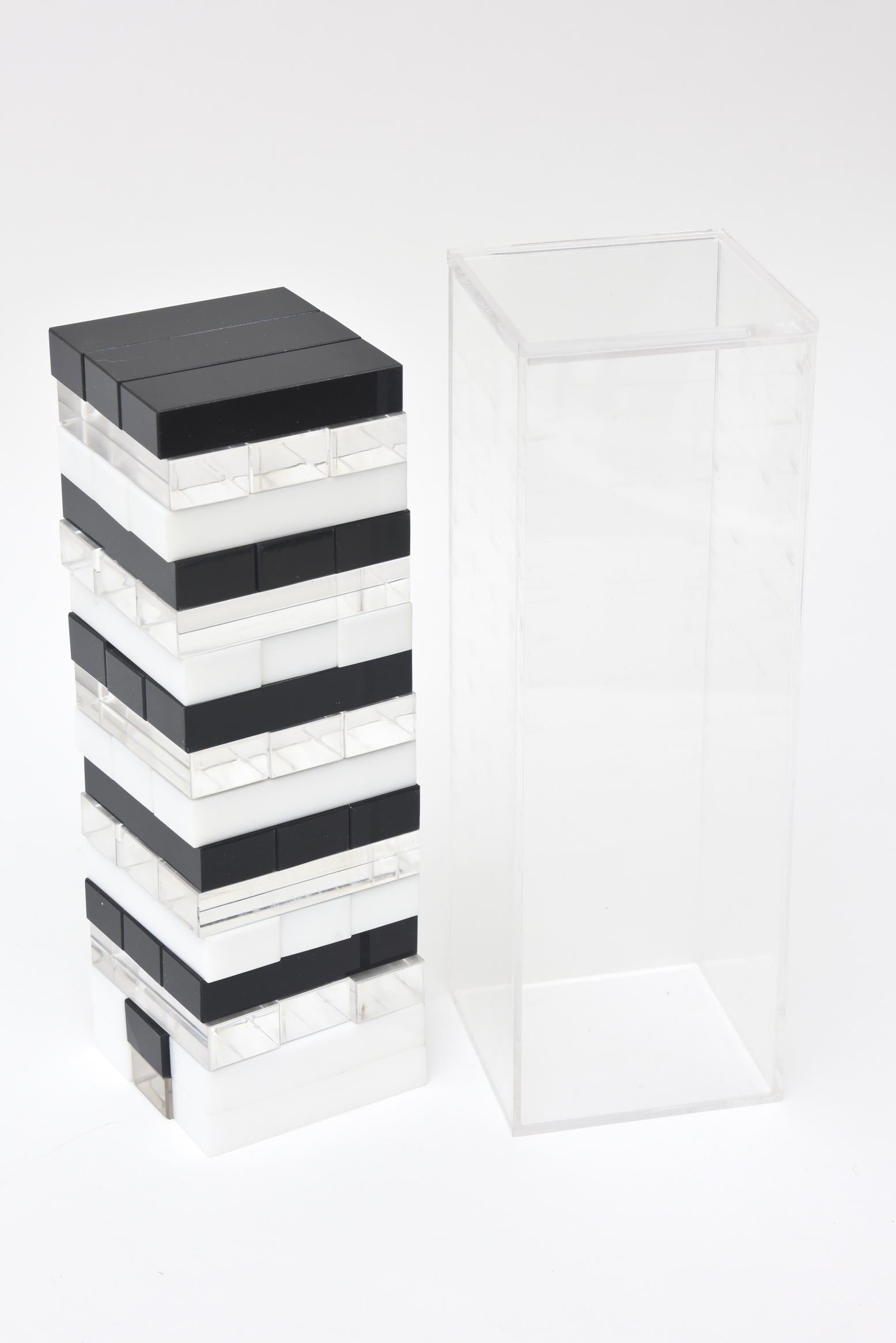 Modern Black and White Lucite Interactive Tower Sculpture Signed Vintage For Sale