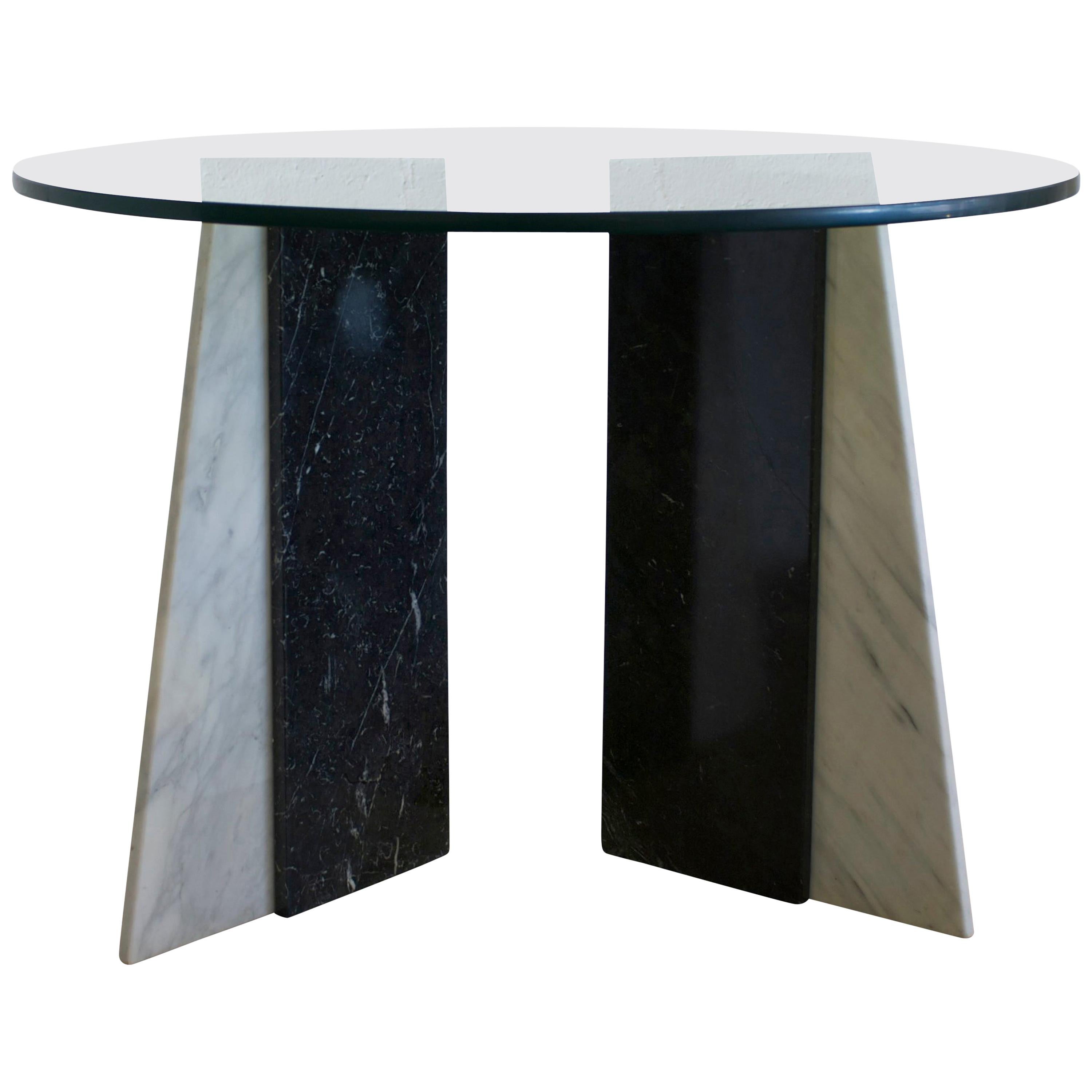 Black and White Marble Table Bases with Round Glass Top