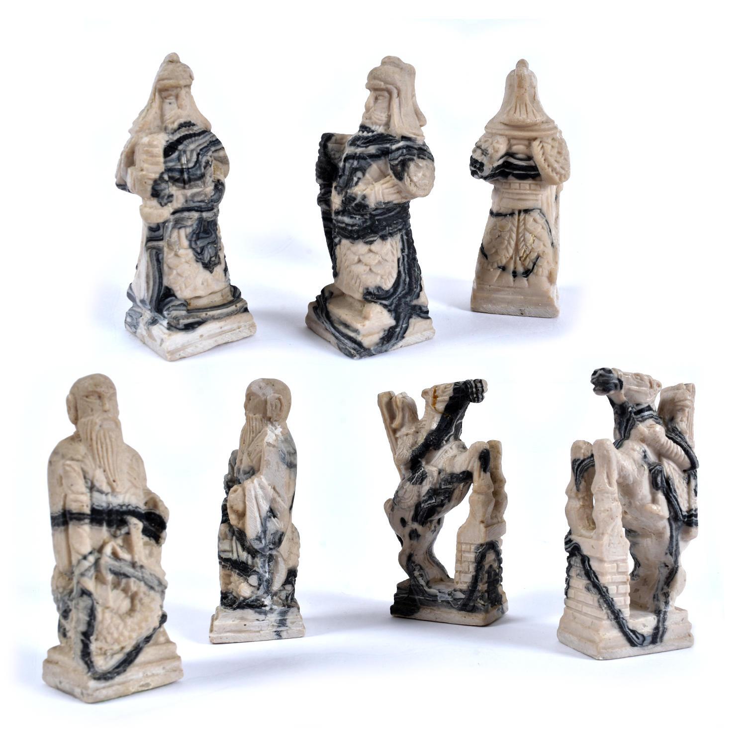 Asian Black and White Marbled Stone Resin Carved Chinese Chess Set