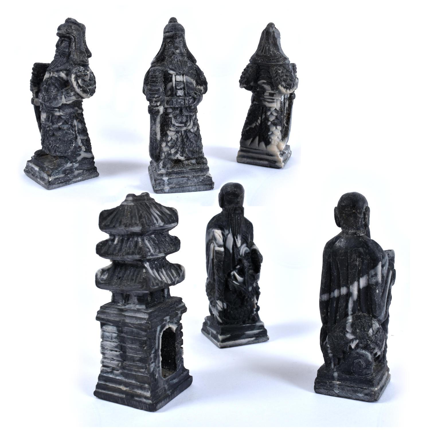 20th Century Black and White Marbled Stone Resin Carved Chinese Chess Set