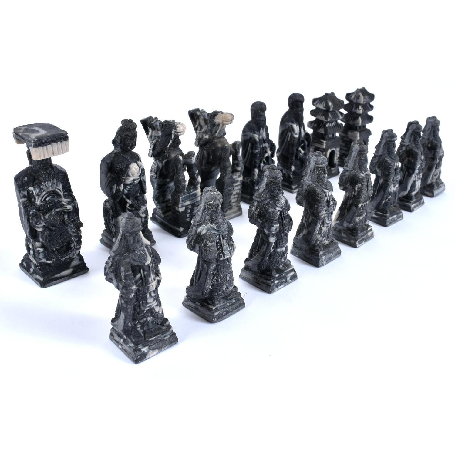 Black and White Marbled Stone Resin Carved Chinese Chess Set 1