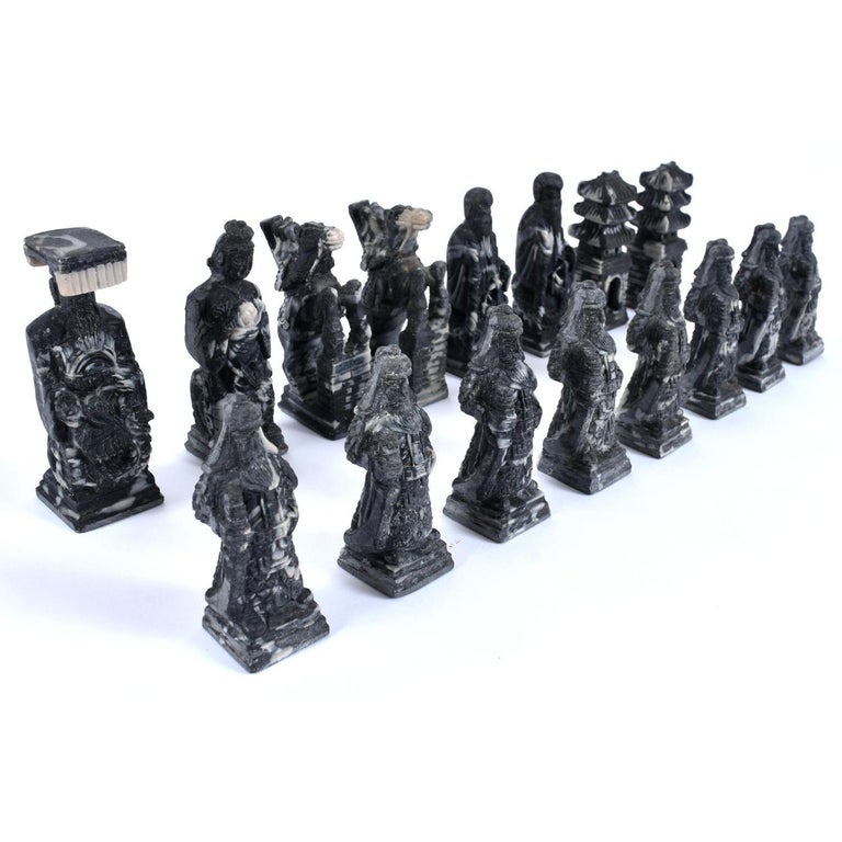 Black and White Marbled Stone Resin Carved Chinese Chess Set at 1stDibs