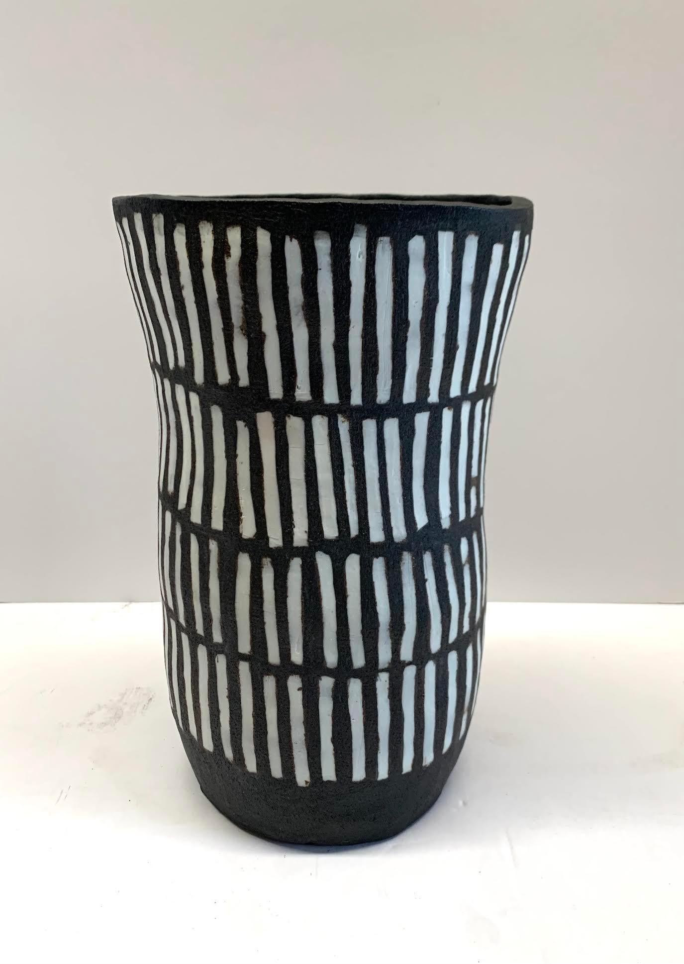 American Black And White Matchstick Design Vase By Ceramicist Brenda Holzke, U.S.A.