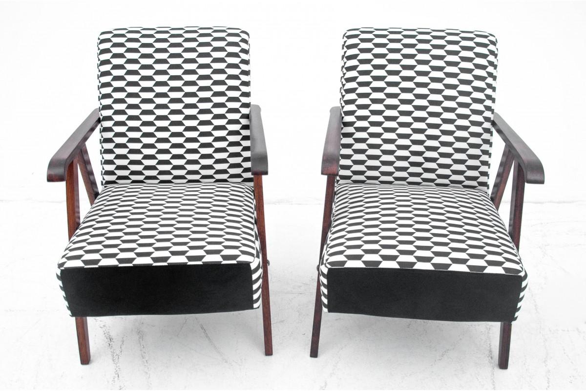 Polish Black and White Mid-Century Modern Armchairs, Set of 2, Restored
