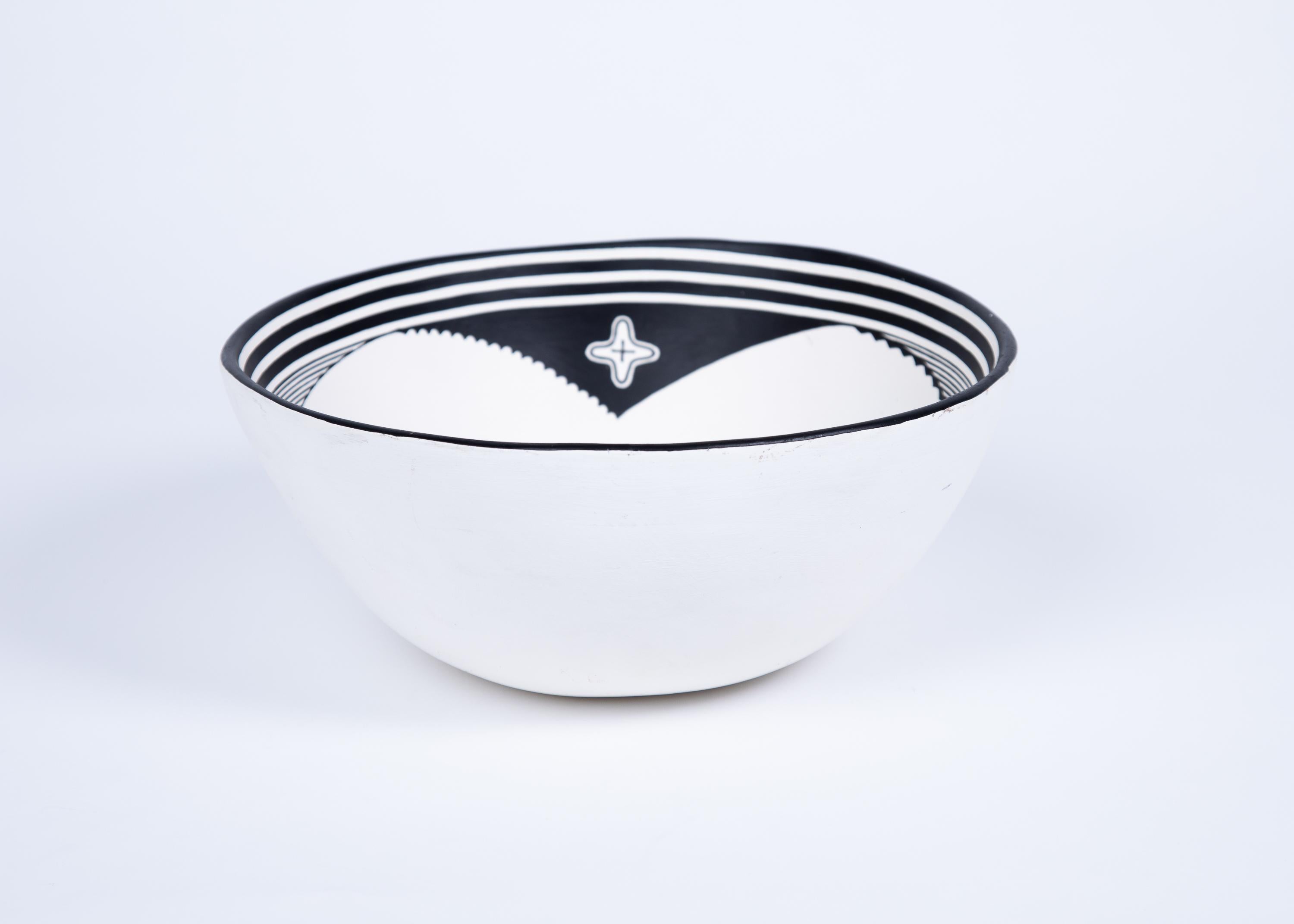 Tribal Native American Fisherman Black & White Mimbre Pottery Bowl For Sale