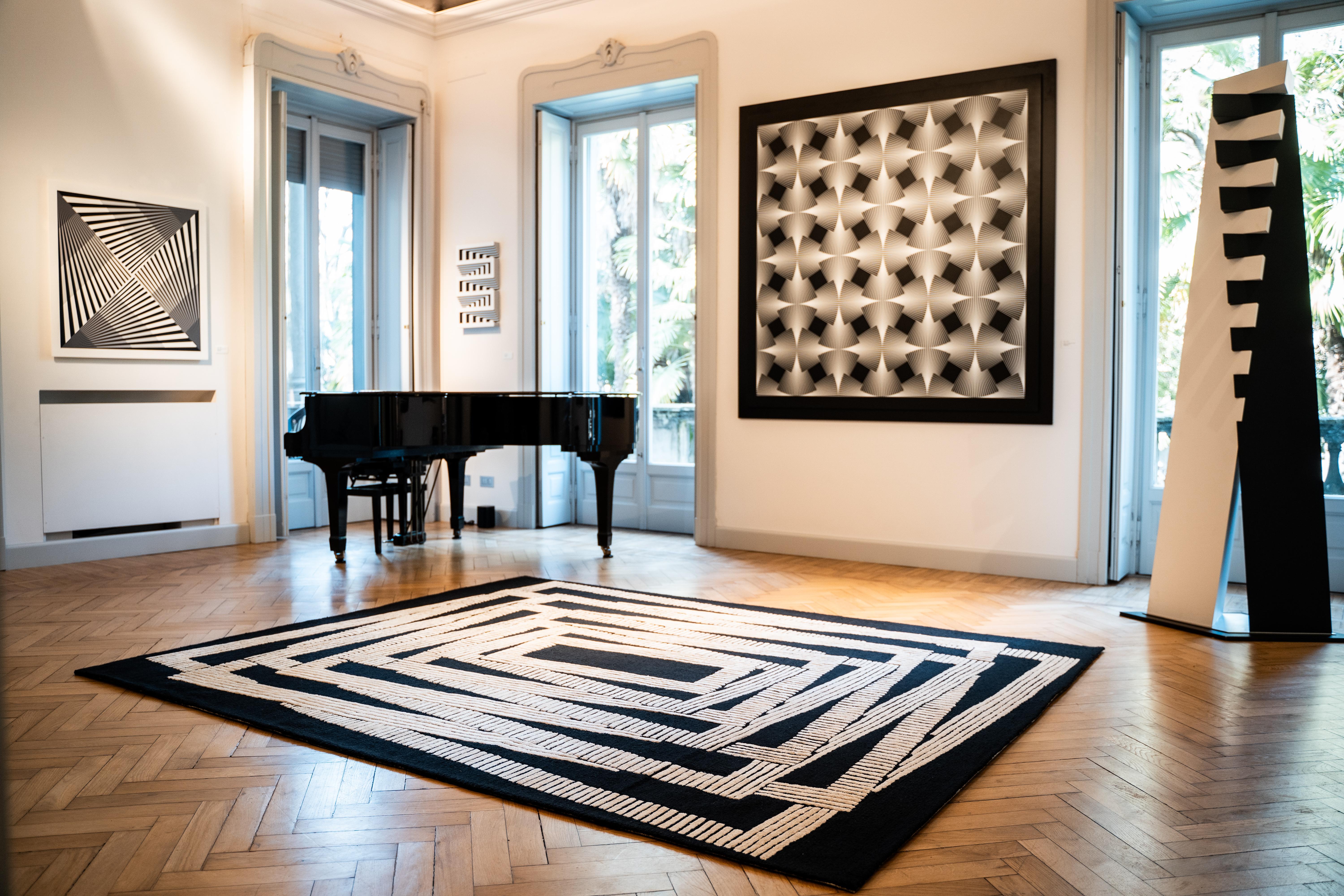 Black and White Monochrome Rectangular Rug Made from Wool, Linen and Silk For Sale 1