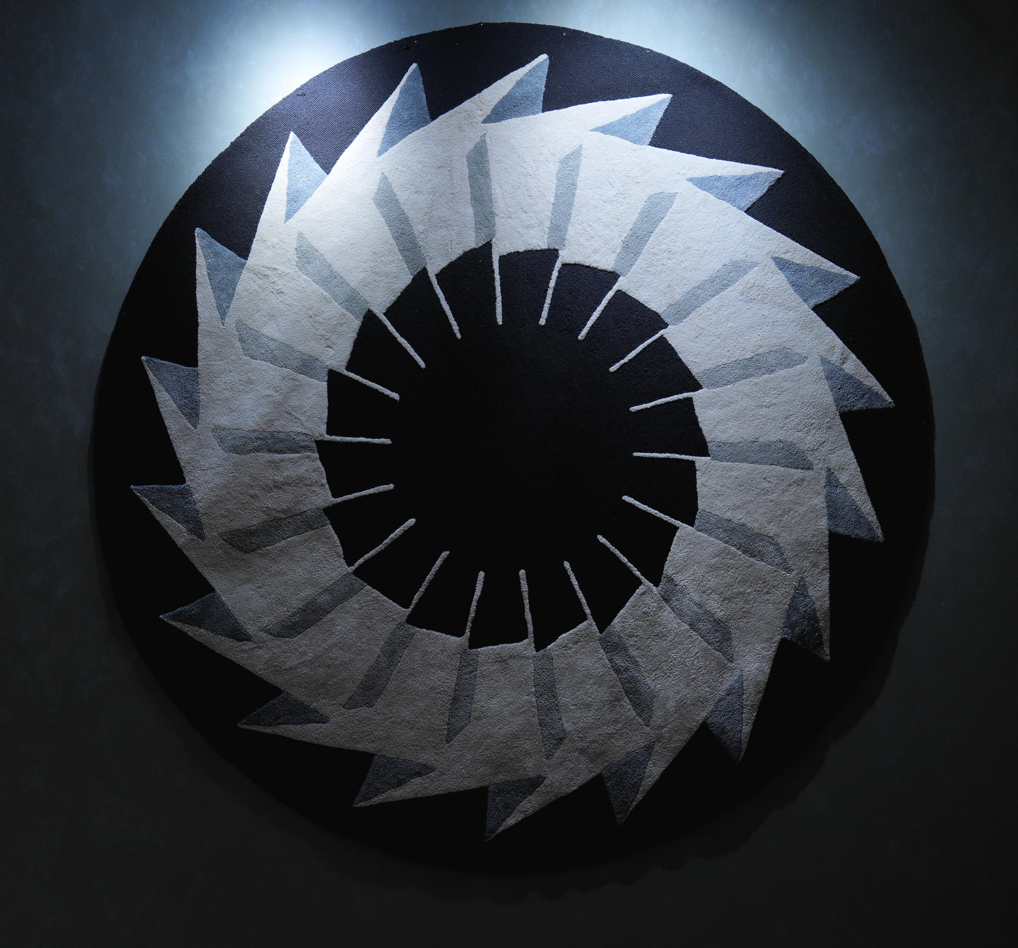 Hand-Woven Black and White Monochrome Round Rug Made from Wool, Linen and Silk (S) For Sale