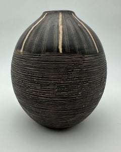 Black and White Monogram Ceramic Vase In the Style of Jean Besnard, circa 1950