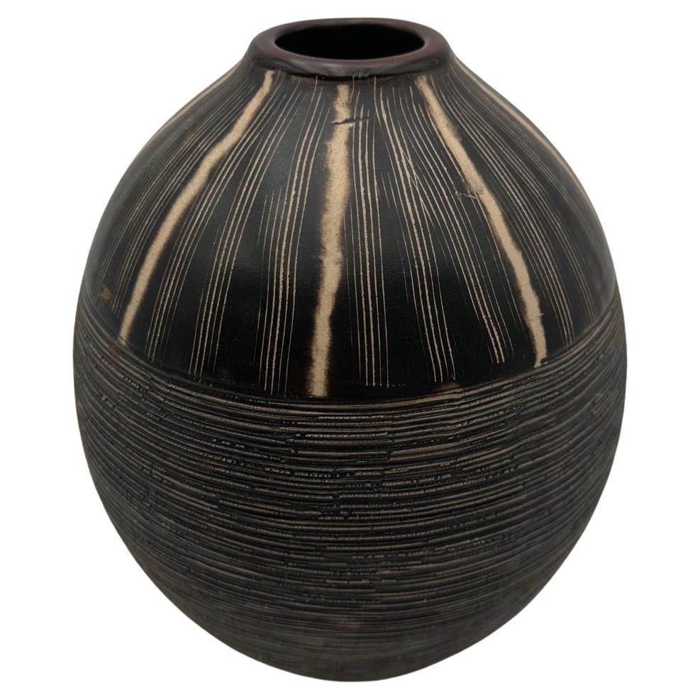Black and White Monogram Ceramic Vase In the Style of Jean Besnard, circa 1950