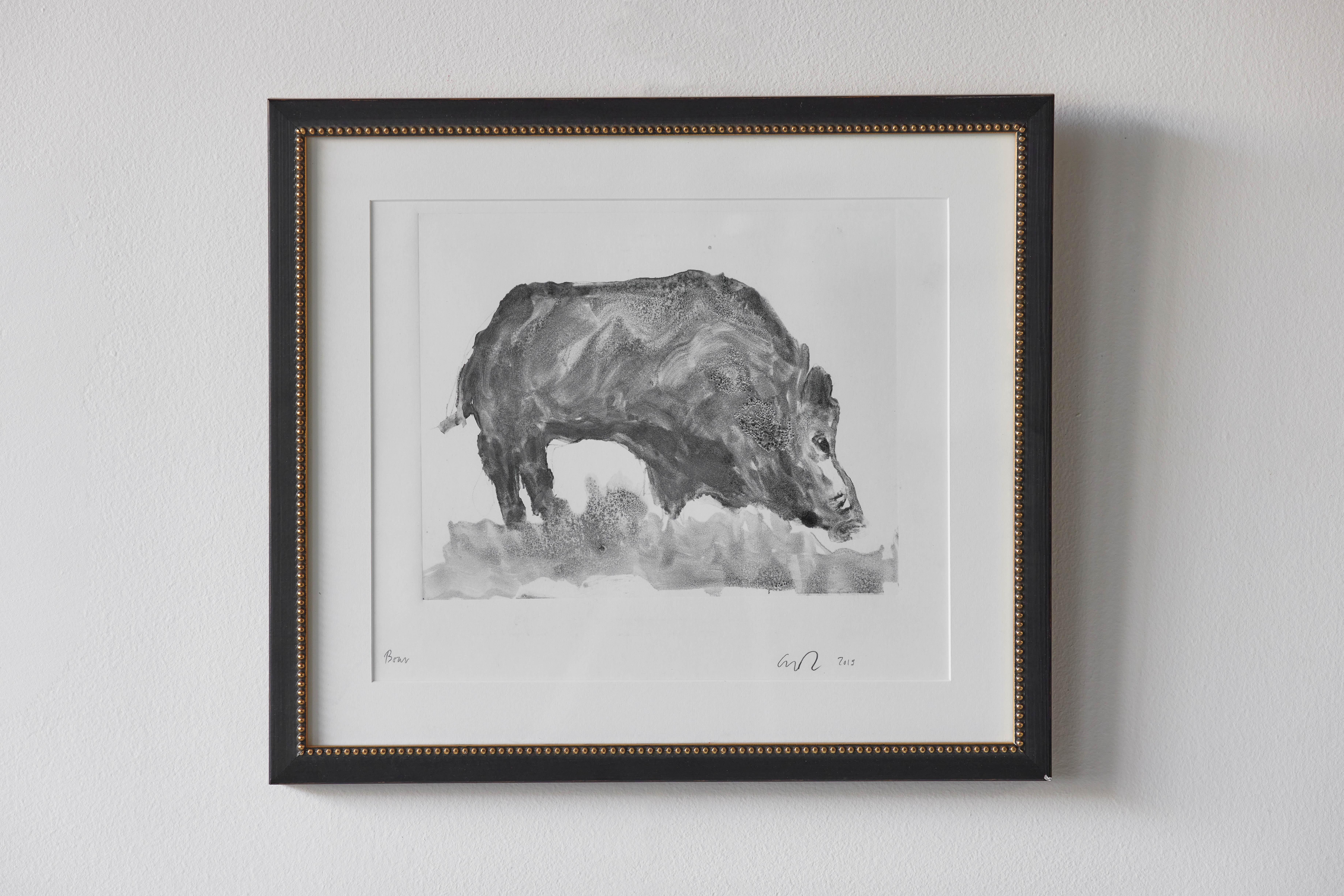 One of a kind monotype of a boar by Los Angeles based artist Cyril Kuhn. The monotype was newly framed.