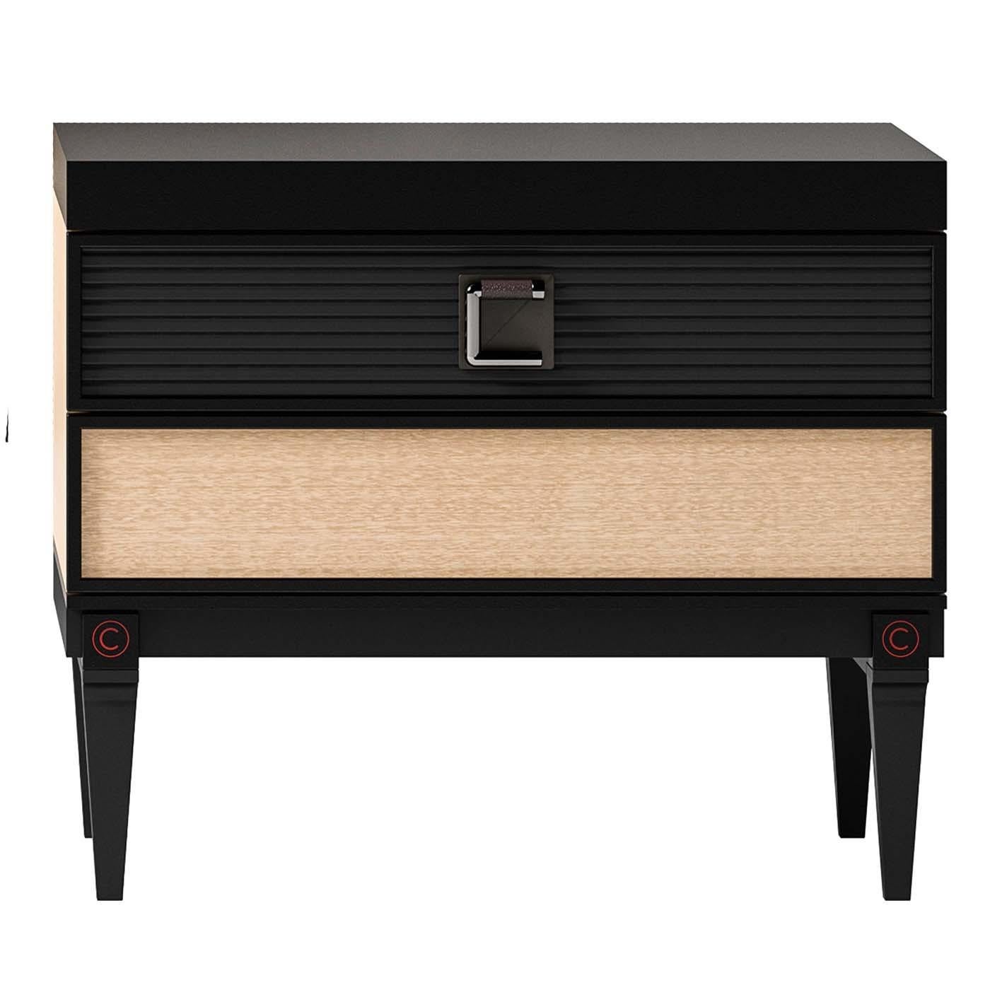 Functional yet elegant, this superb bedside table is inspired by traditional midcentury designs with a sculpted frame and neatly tapered legs. With a stunning eucalyptus veneer, the frame features a black-lacquered finish with beige panels on the