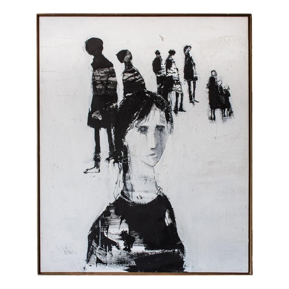 Black and White Oil on Canvas Painting by G.Hollander, 1974