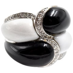 Black and White Onyx Diamond Cocktail Ring 14 Karat White Gold