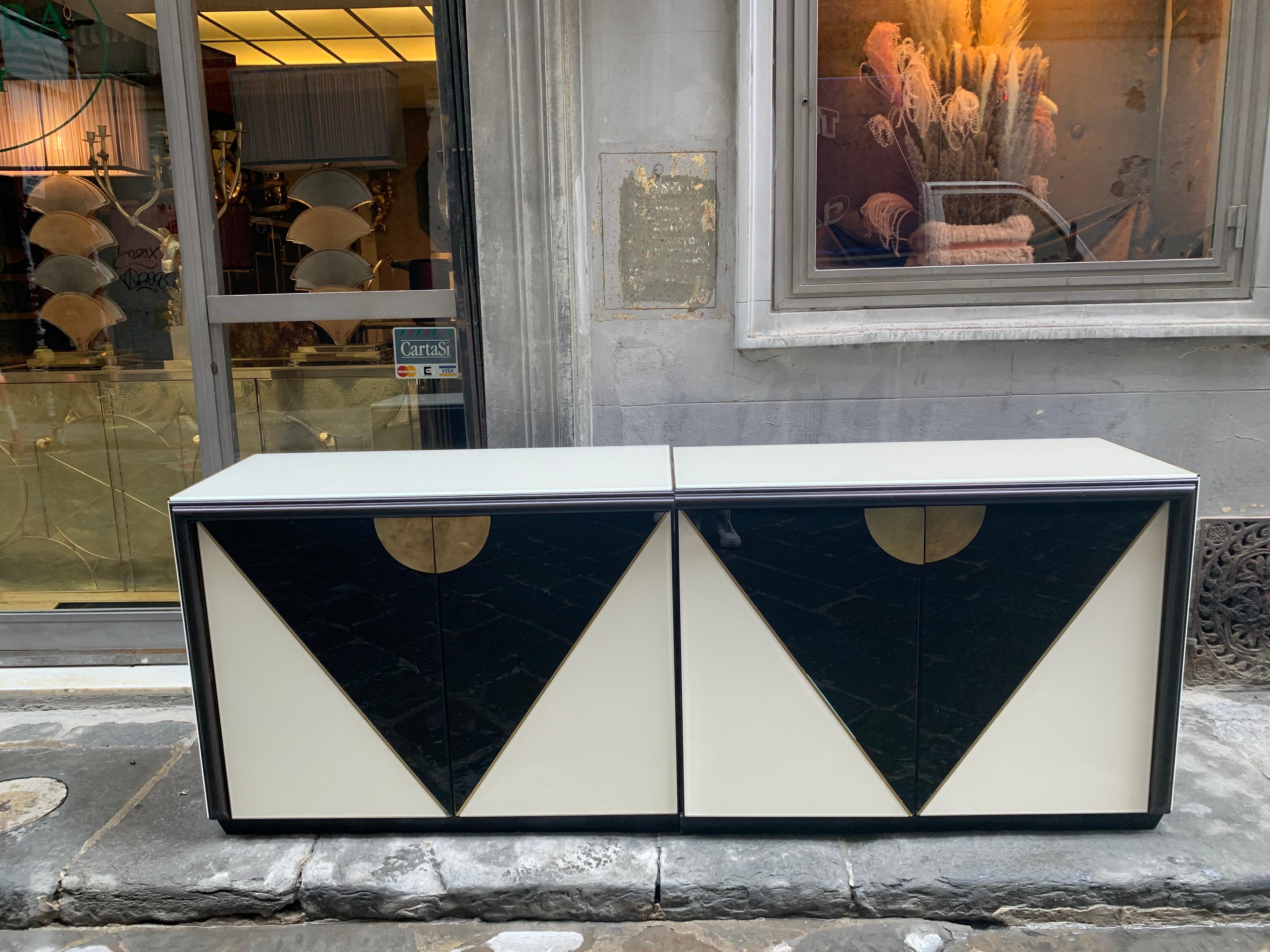 Mid-Century Modern Black and White Opaline Glass Credenza with Geometric Design, 1980s