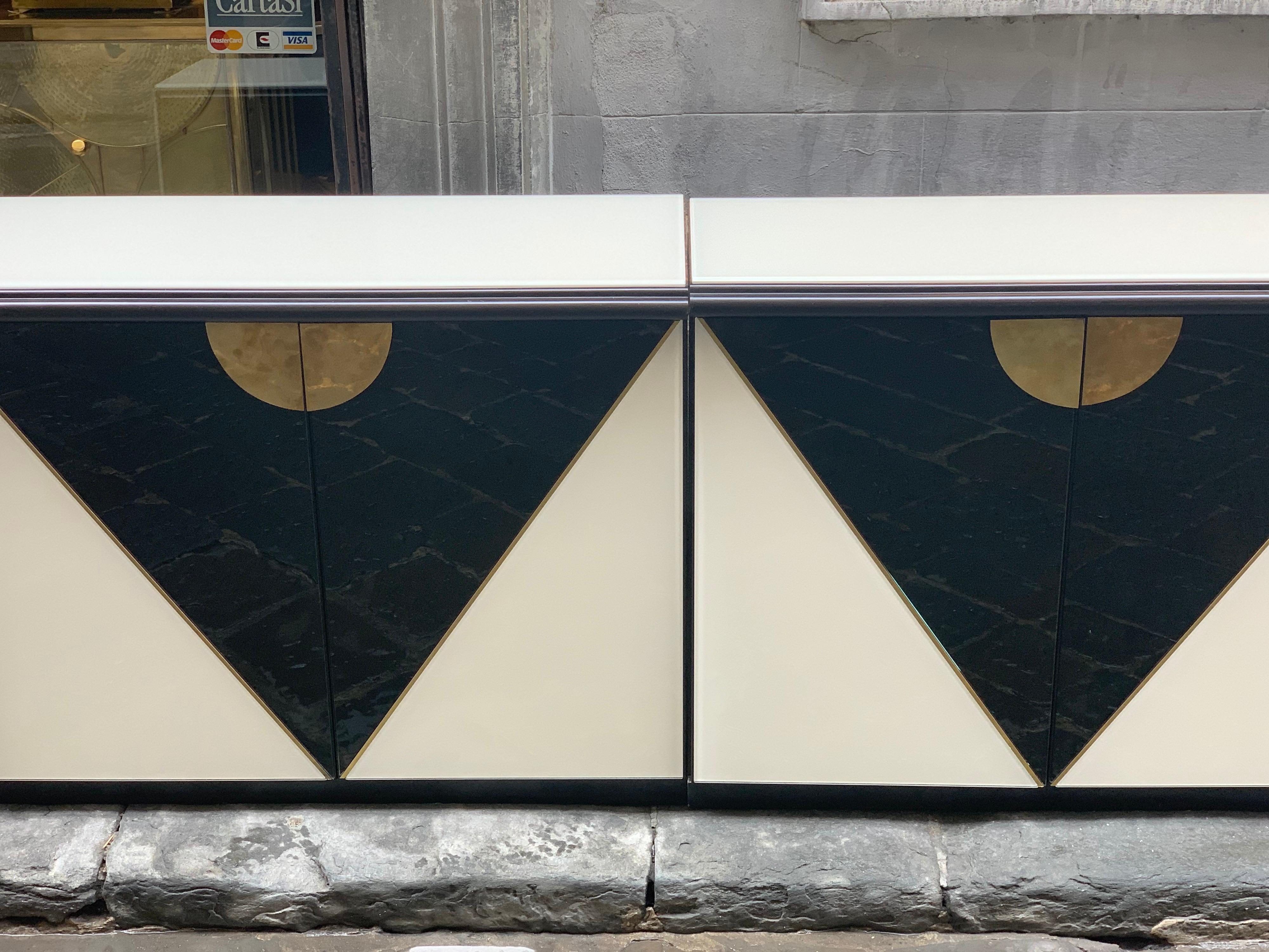 Brass Black and White Opaline Glass Credenza with Geometric Design, 1980s