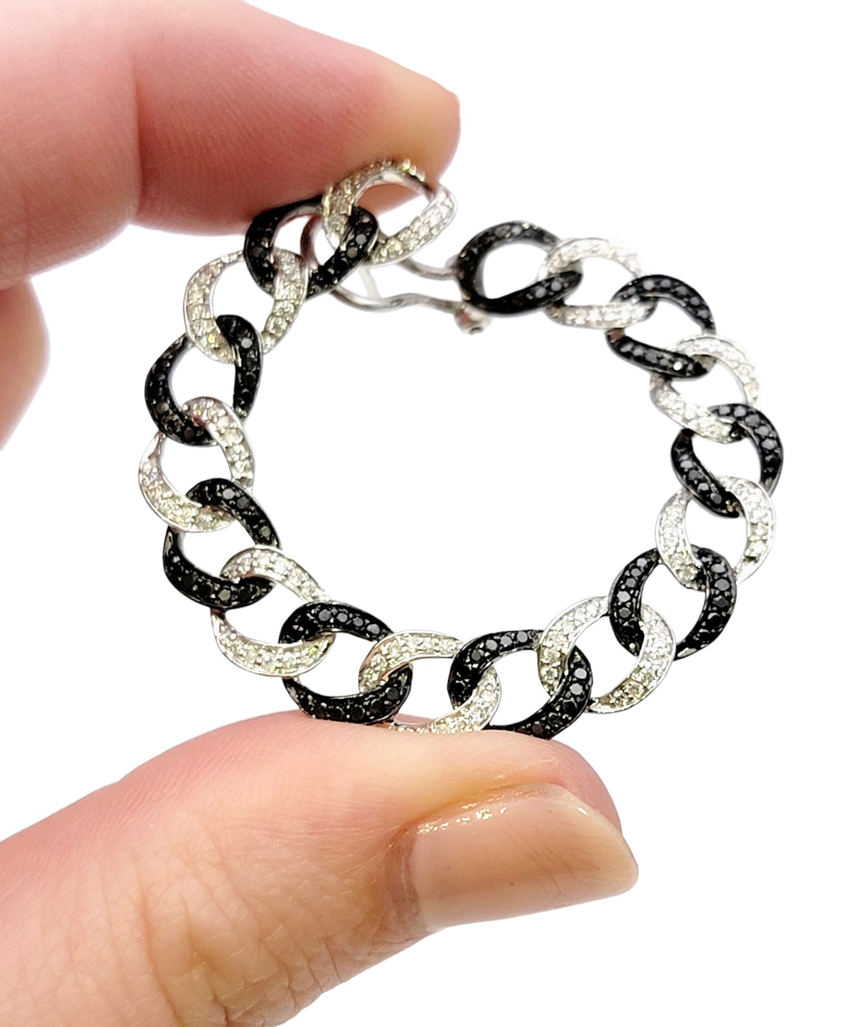 Black and White Pave Diamond Circular Link Front Hoop Earrings in 14 Karat Gold For Sale 5