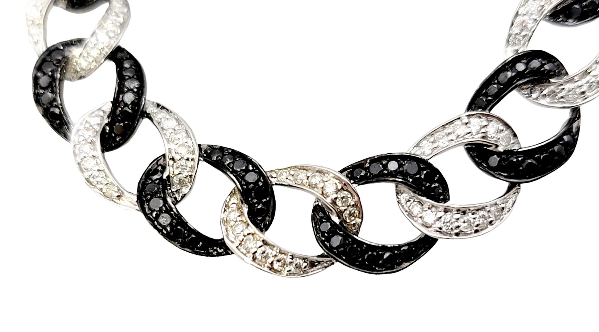 Contemporary Black and White Pave Diamond Circular Link Front Hoop Earrings in 14 Karat Gold For Sale