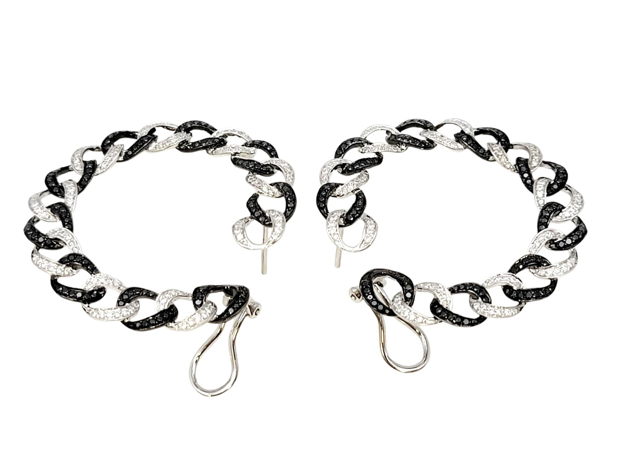 Women's Black and White Pave Diamond Circular Link Front Hoop Earrings in 14 Karat Gold For Sale