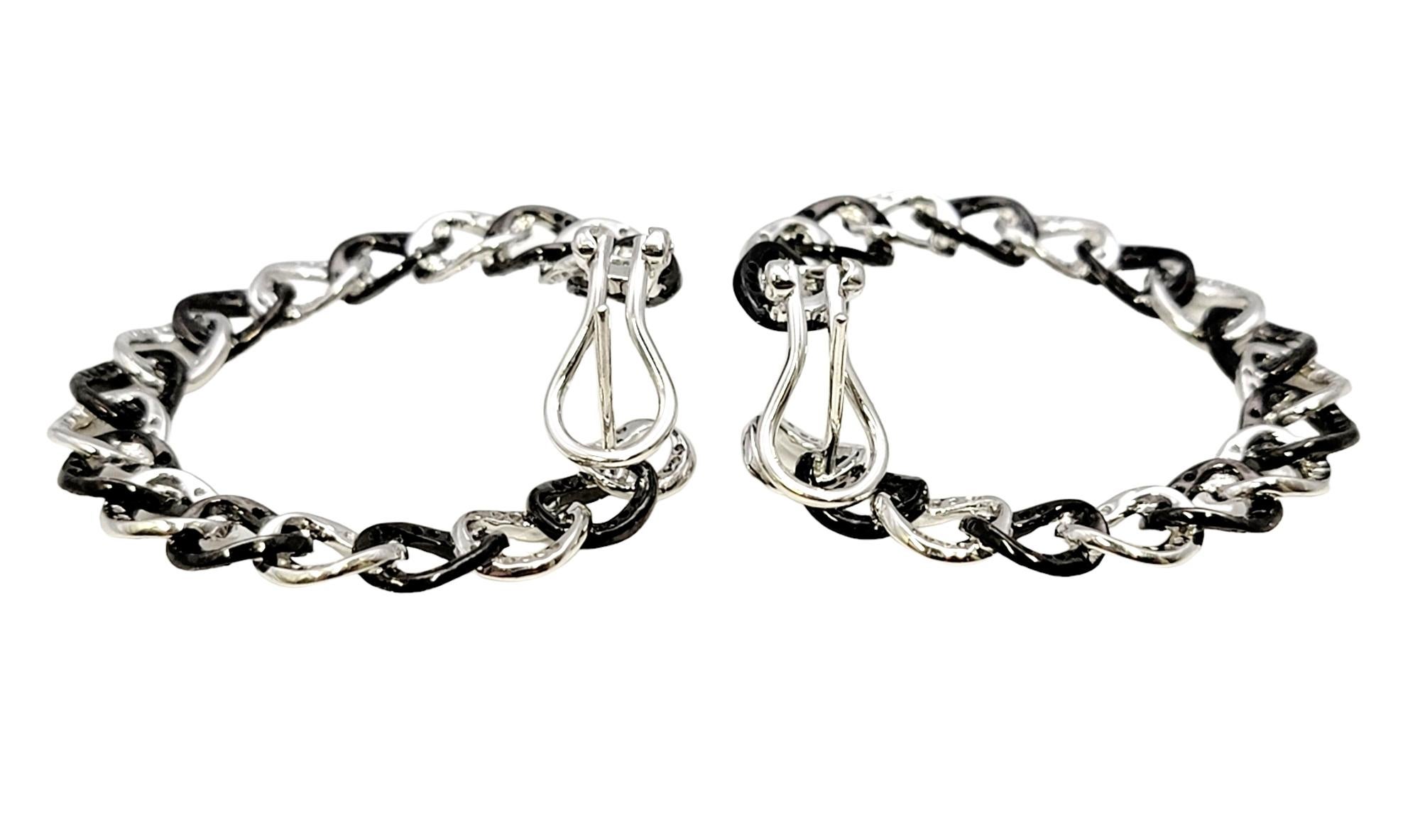 Black and White Pave Diamond Circular Link Front Hoop Earrings in 14 Karat Gold For Sale 1