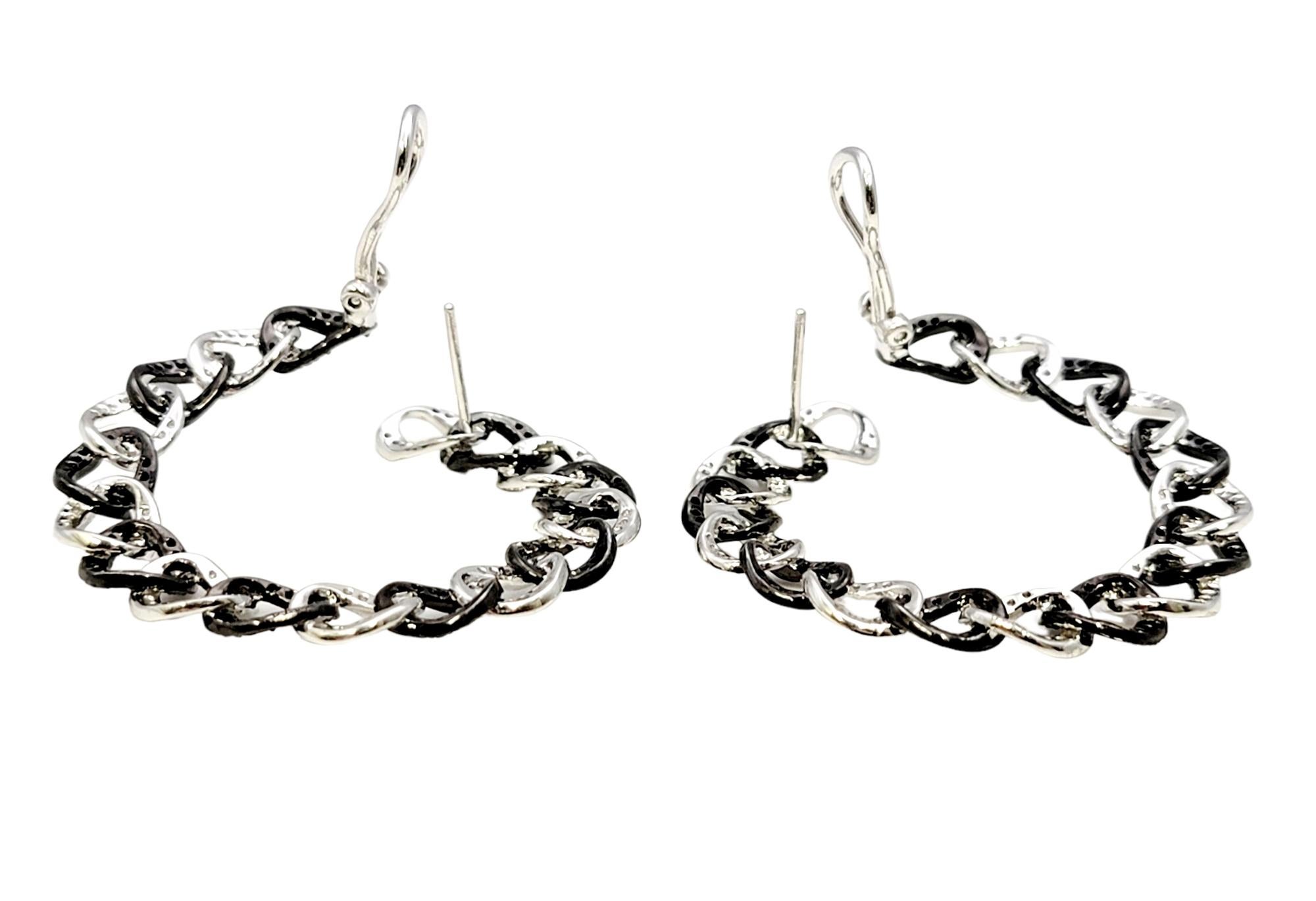 Black and White Pave Diamond Circular Link Front Hoop Earrings in 14 Karat Gold For Sale 2