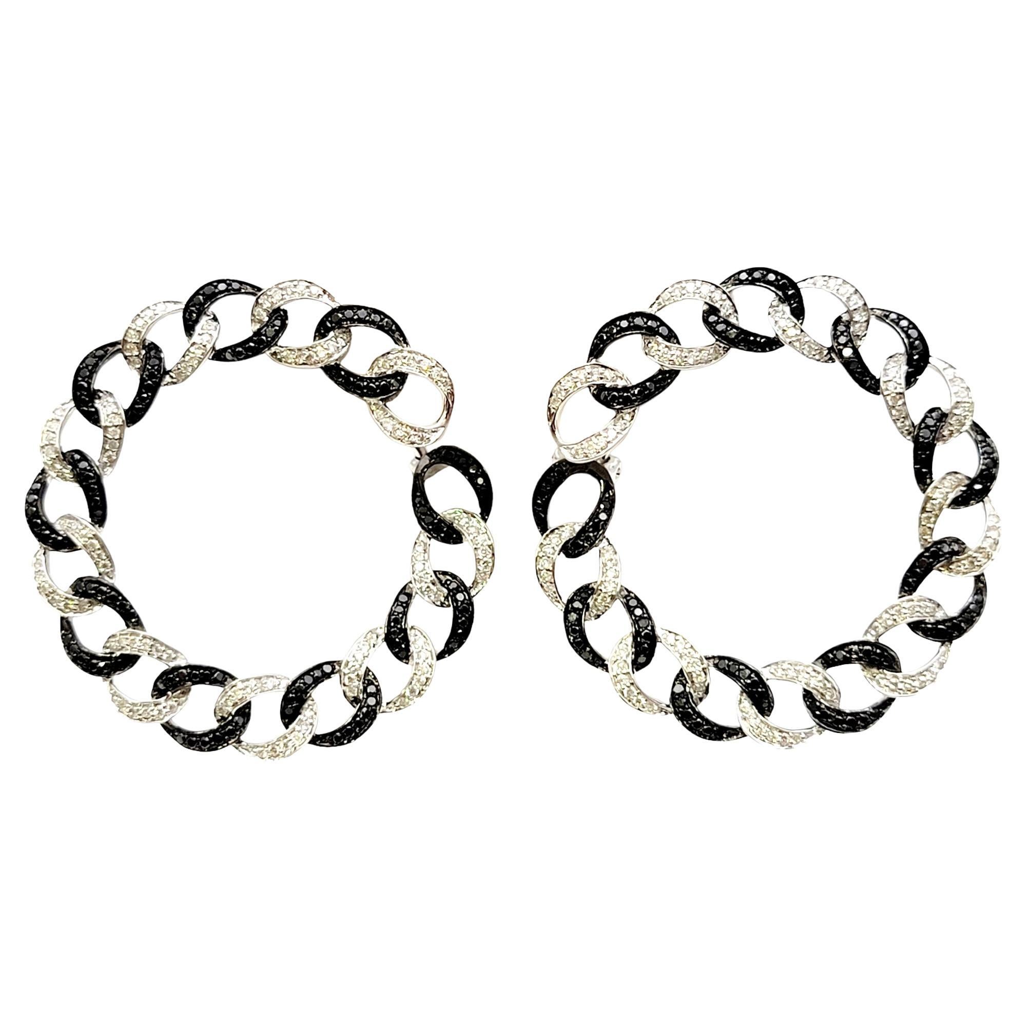 Black and White Pave Diamond Circular Link Front Hoop Earrings in 14 Karat Gold For Sale