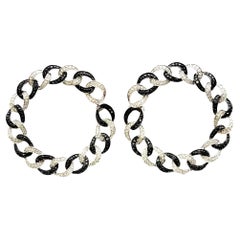 Black and White Pave Diamond Circular Link Front Hoop Earrings in 14 Karat Gold