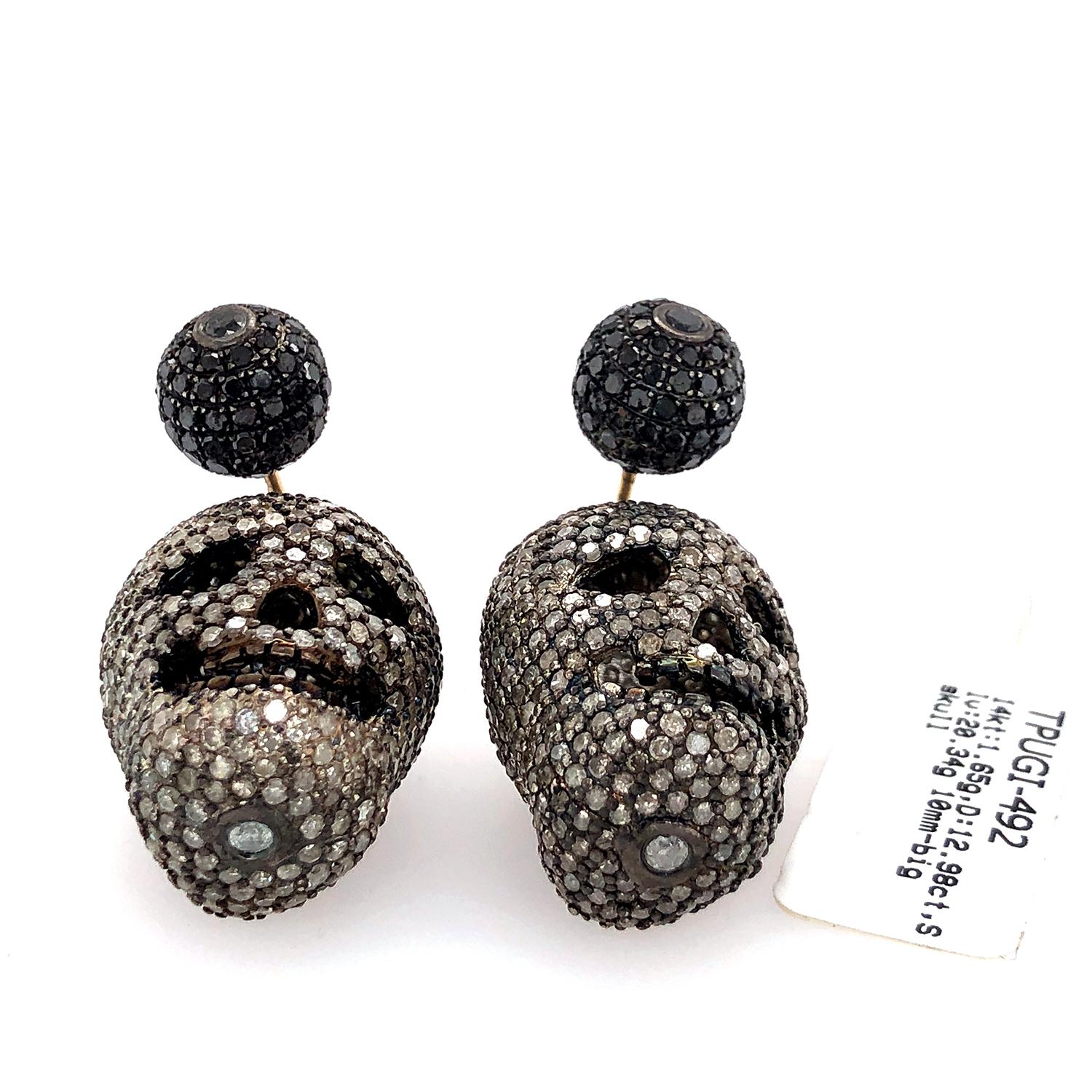 Art Deco Black and White Pave Diamond Skull Earrings Made In 14k Gold & Silver For Sale
