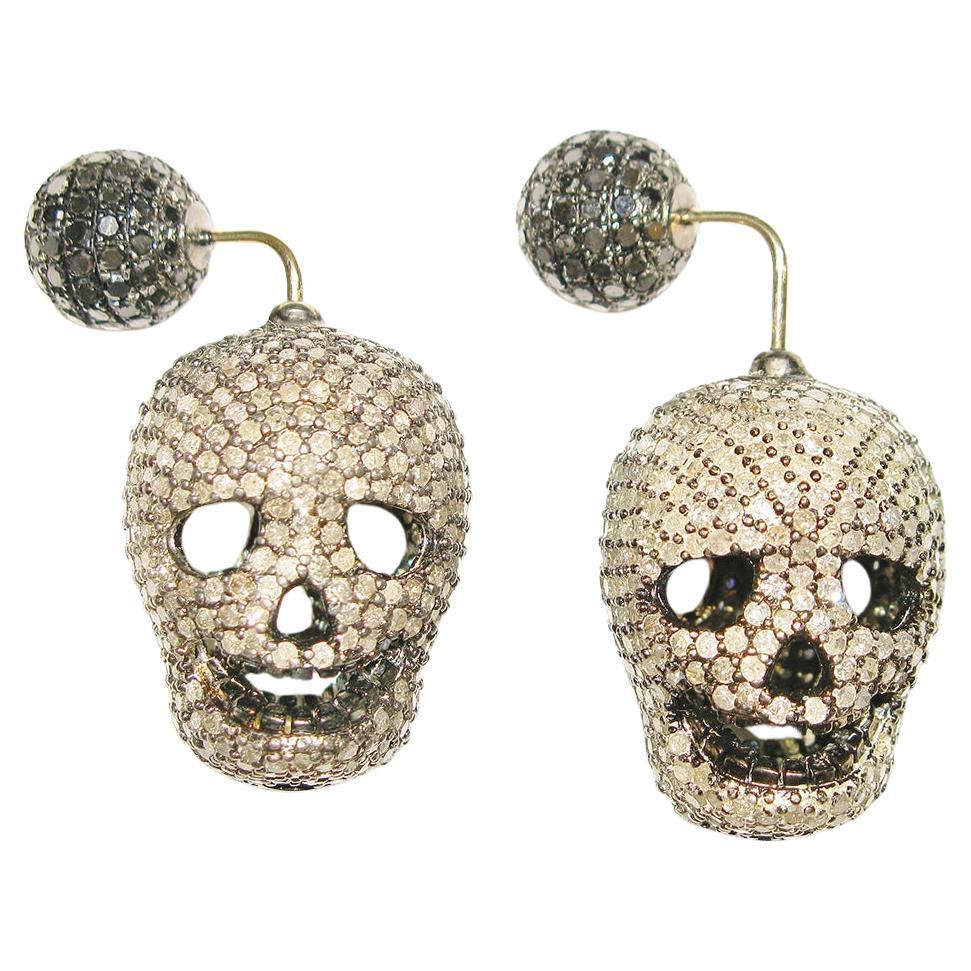 Black and White Pave Diamond Skull Earrings Made In 14k Gold & Silver For Sale