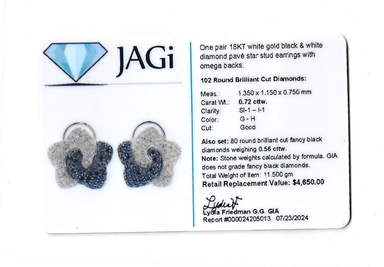 Black and White Pavé Diamond Star Stud Omega Back Earrings 18 Karat White Gold For Sale 4