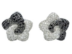 Black and White Pavé Diamond Star Stud Omega Back Earrings 18 Karat White Gold
