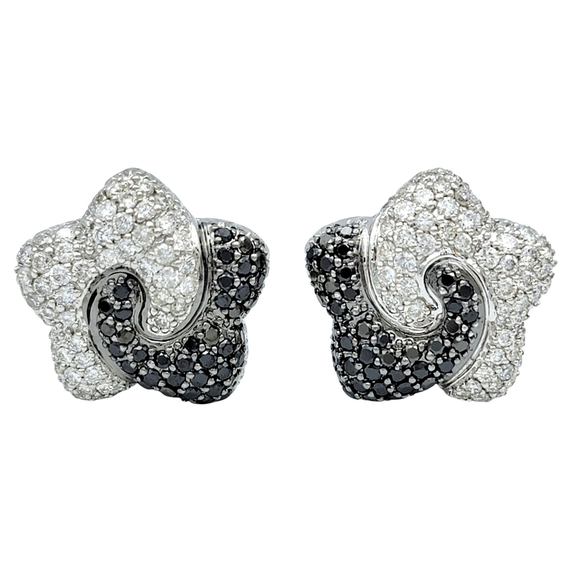 Black and White Pavé Diamond Star Stud Omega Back Earrings 18 Karat White Gold For Sale