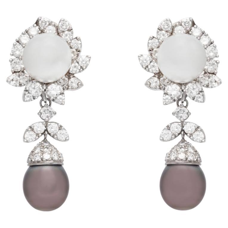Black and White Pearl Detachable Drop Earrings with Diamonds