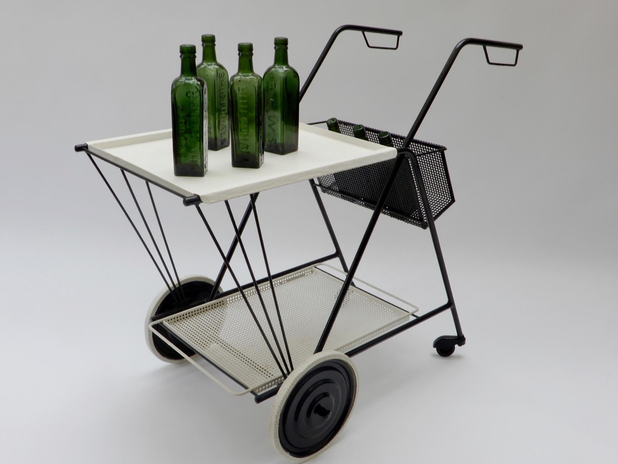 Black and White Perforated Metal Bar Cart, Mathieu Mathegot Style, 1950s For Sale 2